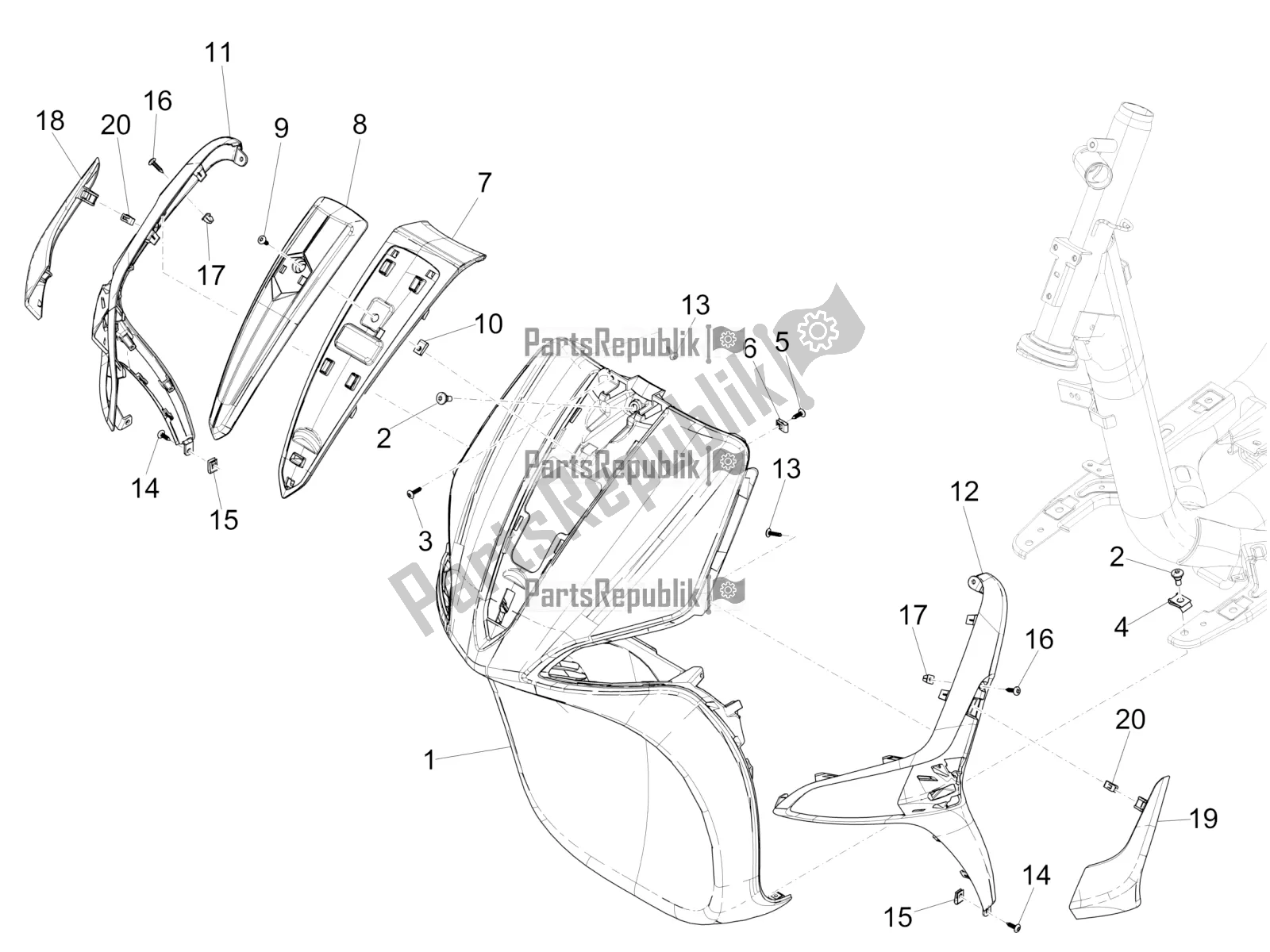 All parts for the Front Shield of the Piaggio Liberty 50 Iget 4T 2022