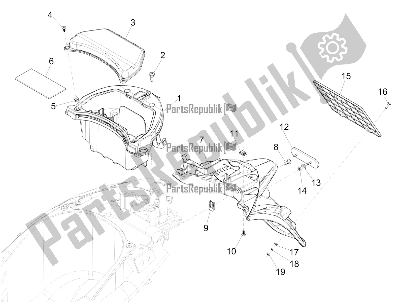 Toutes les pièces pour le Capot Arrière - Protection Contre Les éclaboussures du Piaggio Liberty 50 Iget 4T 2022