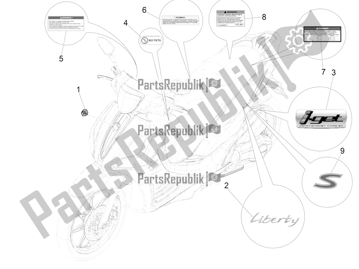 Alle onderdelen voor de Borden - Emblemen van de Piaggio Liberty 50 Iget 4T USA 2017