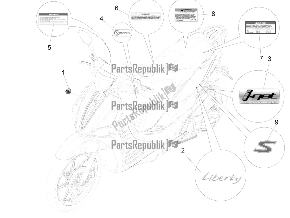 Alle onderdelen voor de Borden - Emblemen van de Piaggio Liberty 50 Iget 4T USA 2018