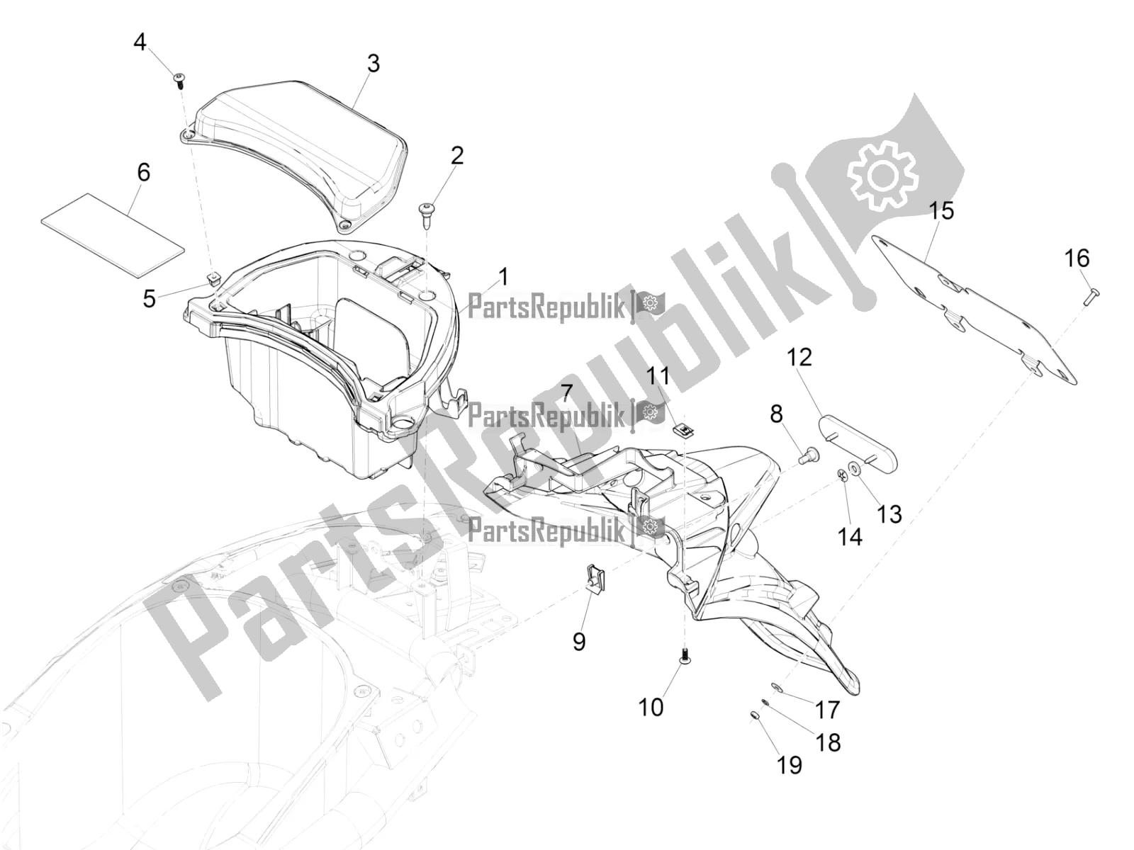 Toutes les pièces pour le Capot Arrière - Protection Contre Les éclaboussures du Piaggio Liberty 50 Iget 4T USA 2018