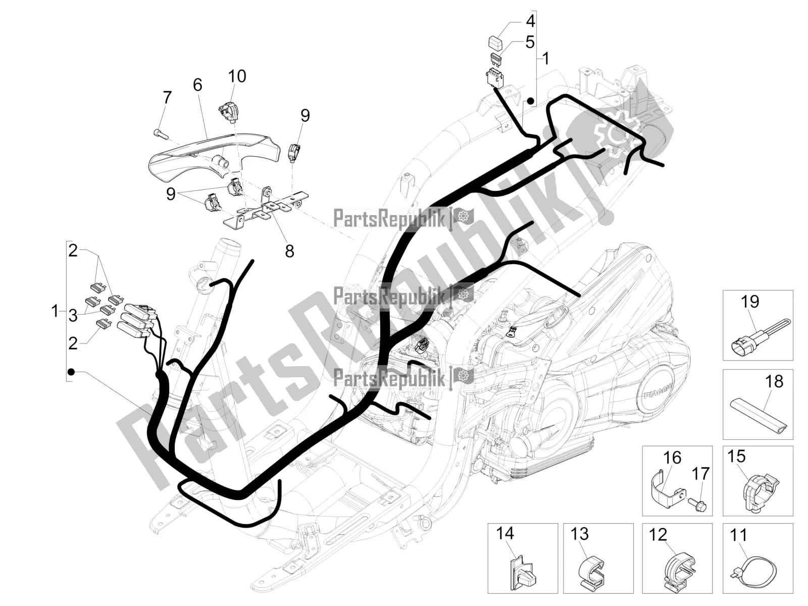 Alle onderdelen voor de Hoofdkabelboom van de Piaggio Liberty 50 Iget 4T USA 2019