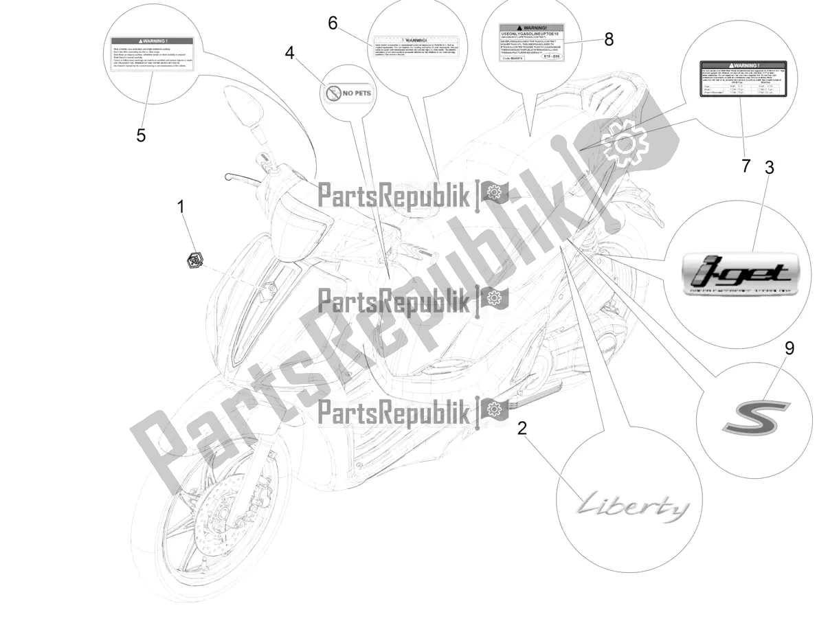 Tutte le parti per il Piatti - Emblemi del Piaggio Liberty 50 Iget 4T USA 2019