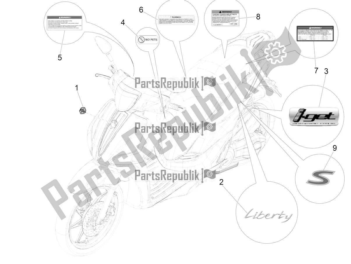 Toutes les pièces pour le Plaques - Emblèmes du Piaggio Liberty 50 Iget 4T USA 2020