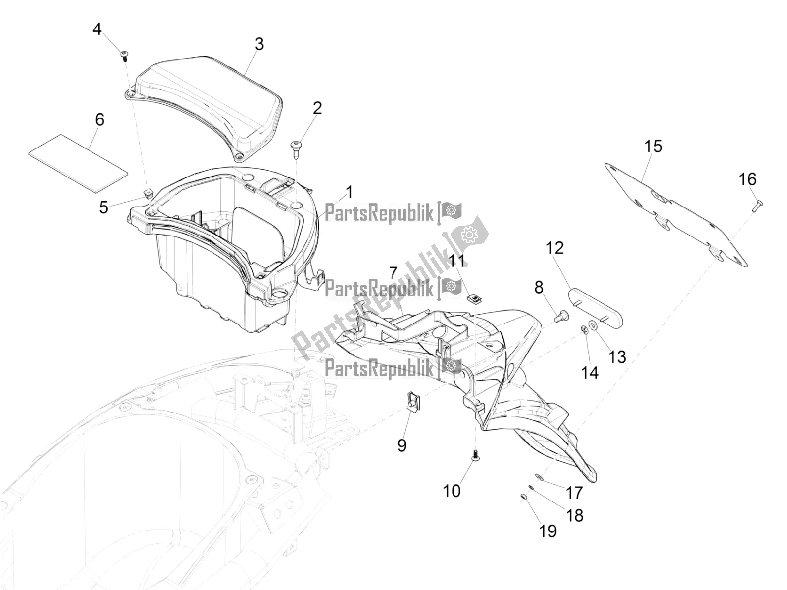 Tutte le parti per il Coperchio Posteriore - Paraspruzzi del Piaggio Liberty 50 Iget 4T USA 2020