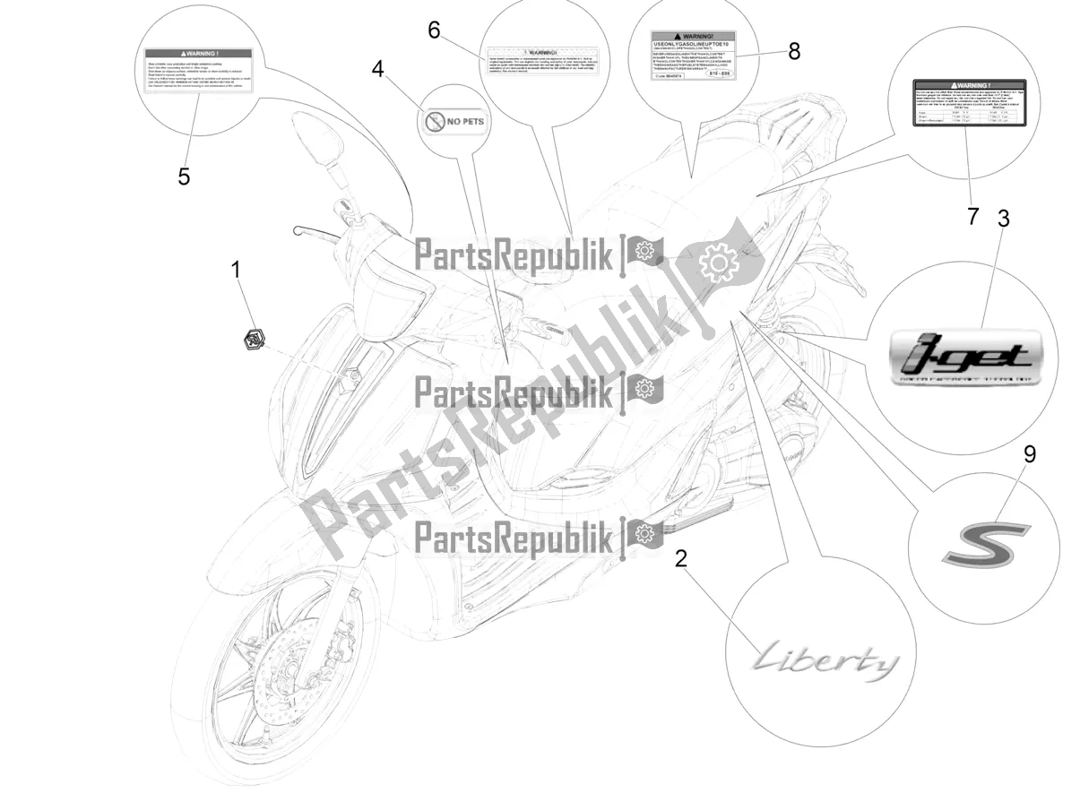 Toutes les pièces pour le Plaques - Emblèmes du Piaggio Liberty 50 Iget 4T USA 2021