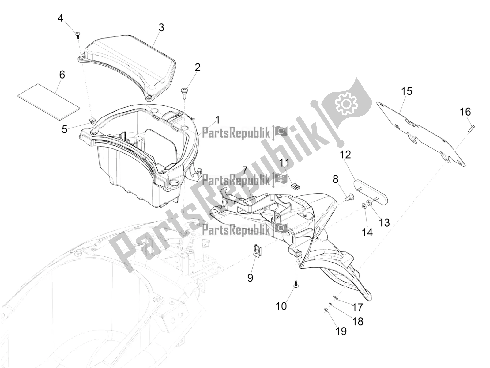 Toutes les pièces pour le Capot Arrière - Protection Contre Les éclaboussures du Piaggio Liberty 50 Iget 4T USA 2021