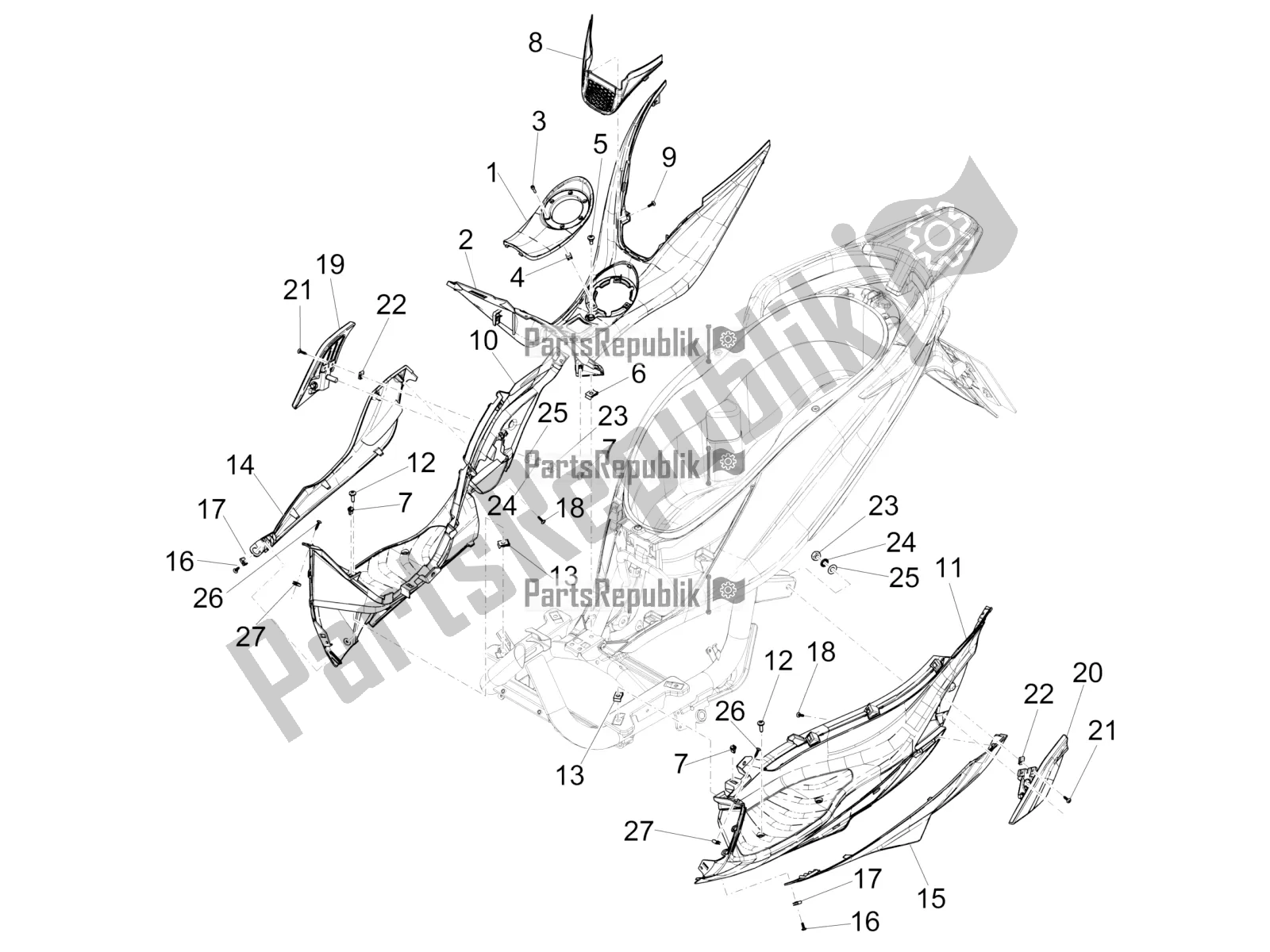 All parts for the Central Cover - Footrests of the Piaggio Medley 125 4T IE ABS 2019