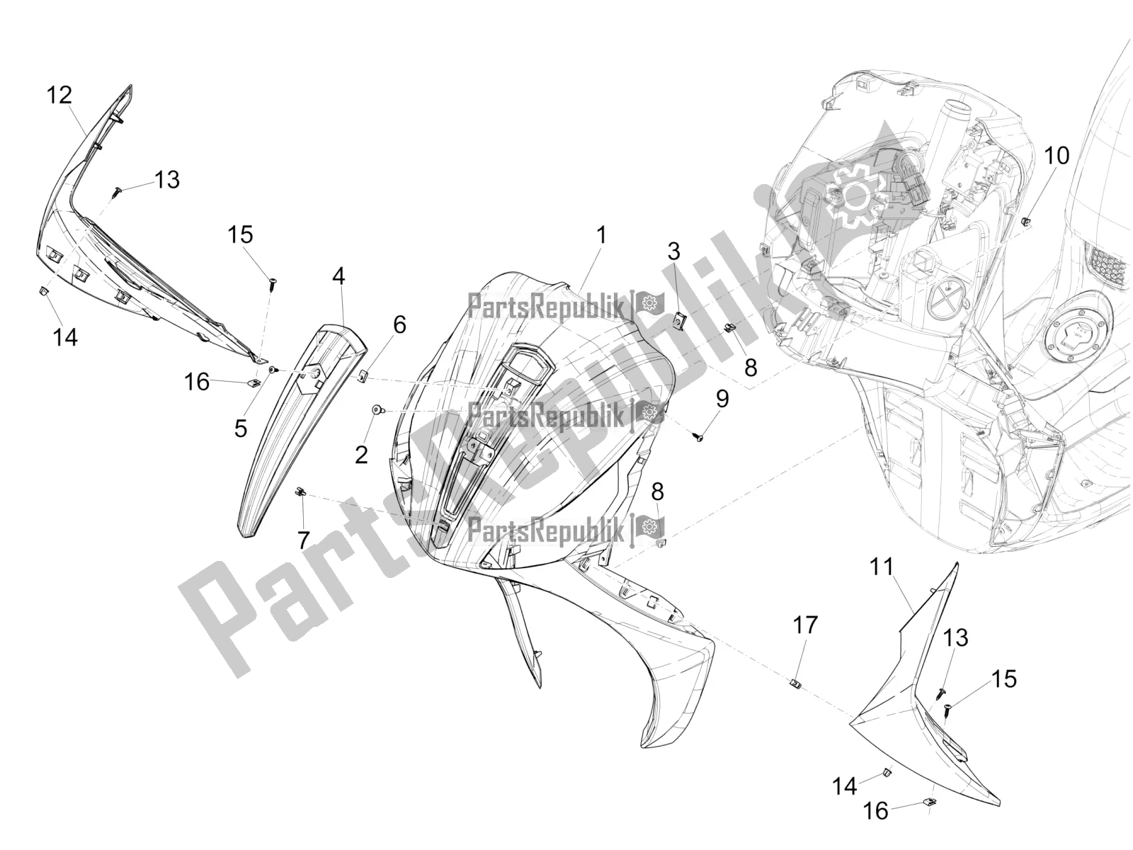 Tutte le parti per il Scudo Anteriore del Piaggio Medley 125 4T IE ABS 2019