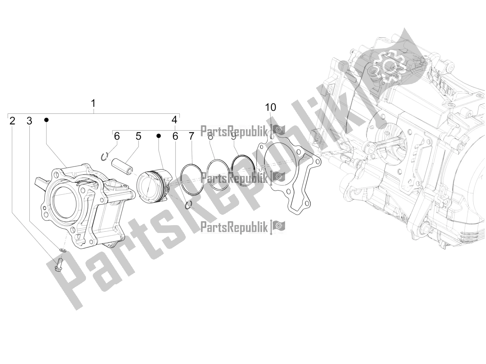 Alle onderdelen voor de Cilinder-zuiger-pols-peneenheid van de Piaggio Medley 125 ABS 2022