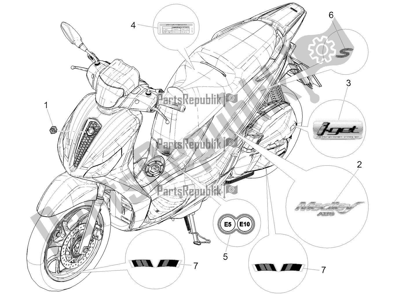 All parts for the Plates - Emblems of the Piaggio Medley 125 ABS 2022