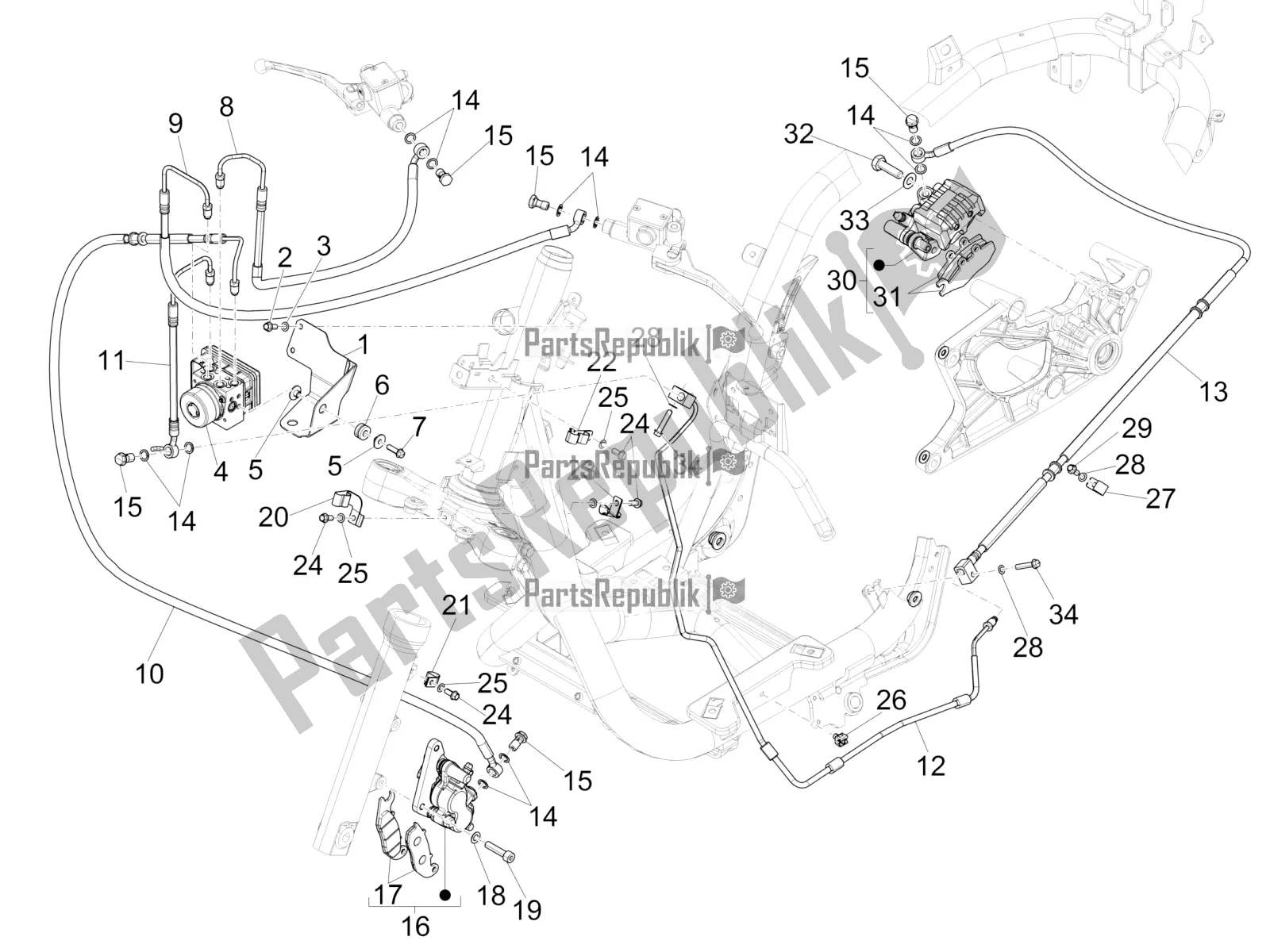 Todas las partes para Frenos Tubos - Pinzas (abs) de Piaggio Medley 150 4T IE ABS 2016