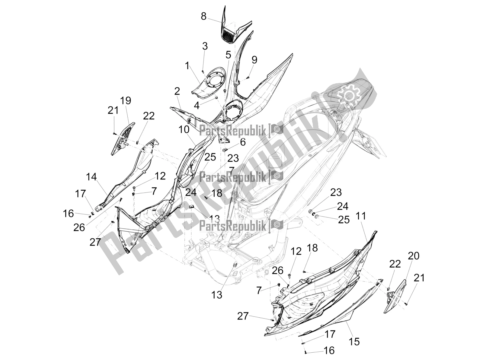 All parts for the Central Cover - Footrests of the Piaggio Medley 150 4T IE ABS 2016