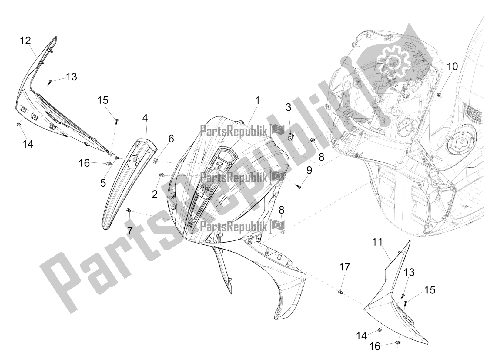 All parts for the Front Shield of the Piaggio Medley 150 4T IE ABS 2016