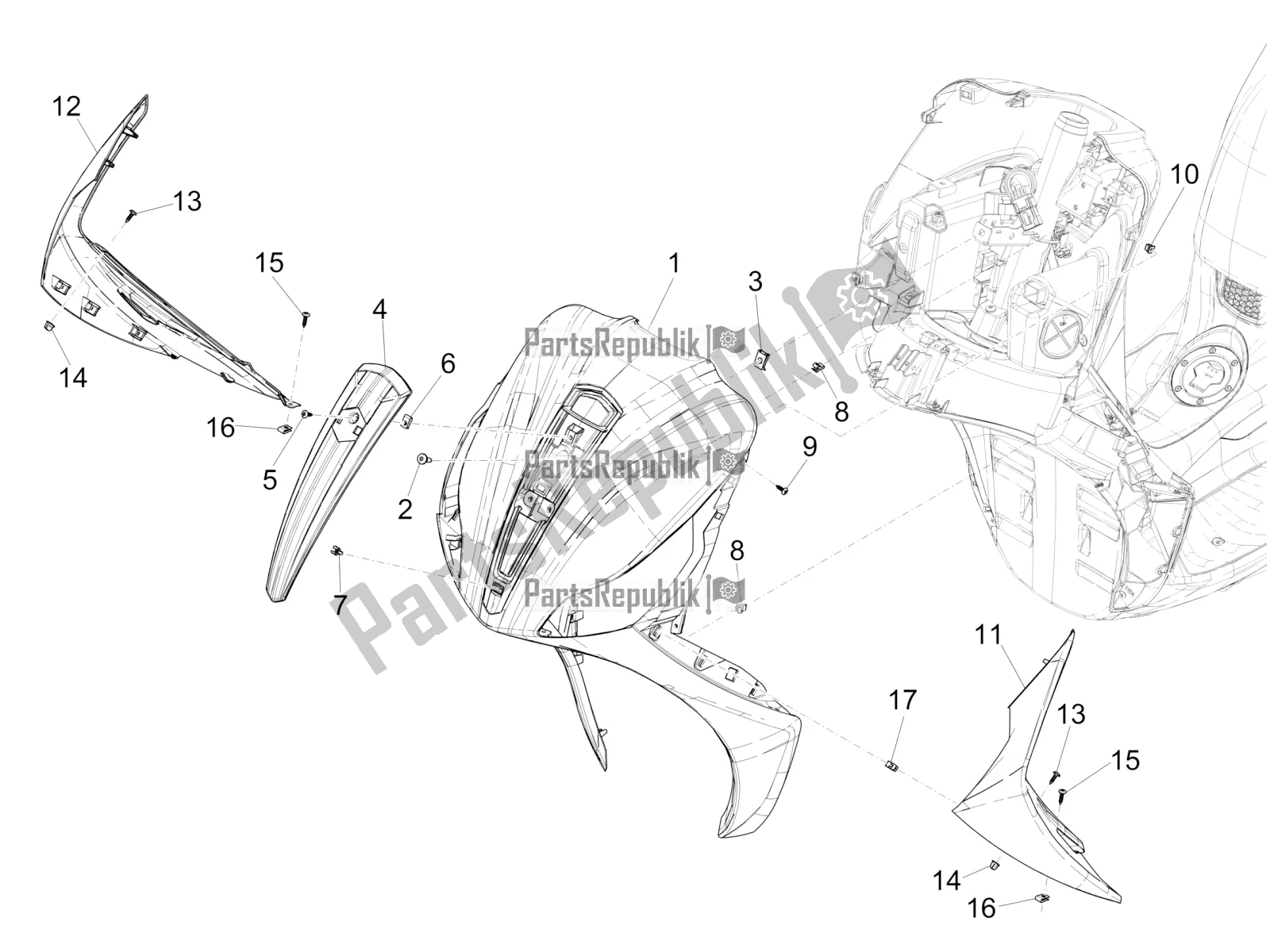 All parts for the Front Shield of the Piaggio Medley 150 4T IE ABS 2017