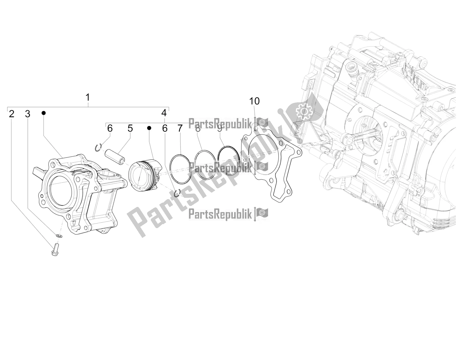 Alle onderdelen voor de Cilinder-zuiger-pols-peneenheid van de Piaggio Medley 150 4T IE ABS 2018