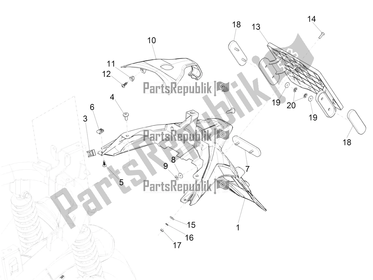 Toutes les pièces pour le Capot Arrière - Protection Contre Les éclaboussures du Piaggio Medley 150 E5 2022