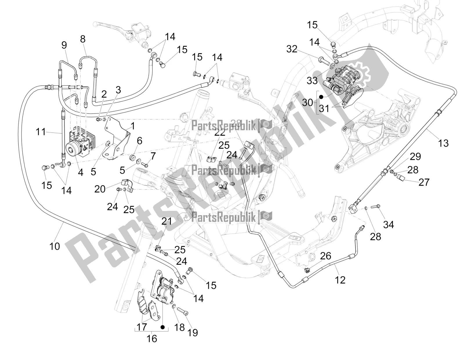 Todas las partes para Frenos Tubos - Pinzas (abs) de Piaggio Medley 150 IE ABS Apac 2019