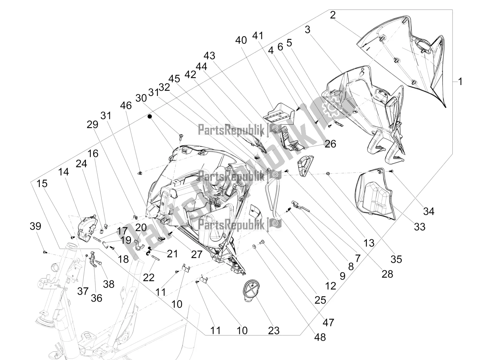 Tutte le parti per il Vano Portaoggetti Anteriore - Pannello Di Protezione Per Le Ginocchia del Piaggio Medley 150 IE ABS E3, E4 Apac 2020