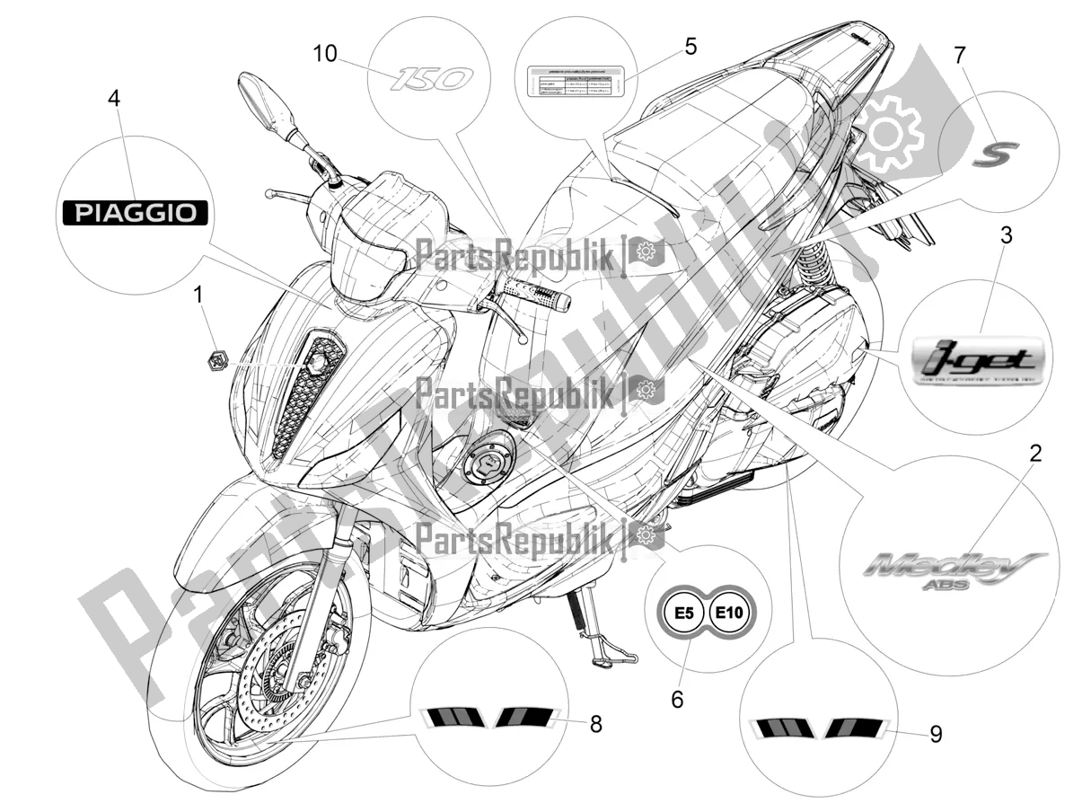 Toutes les pièces pour le Plaques - Emblèmes du Piaggio Medley 150 IE ABS E3, E4 Apac 2020