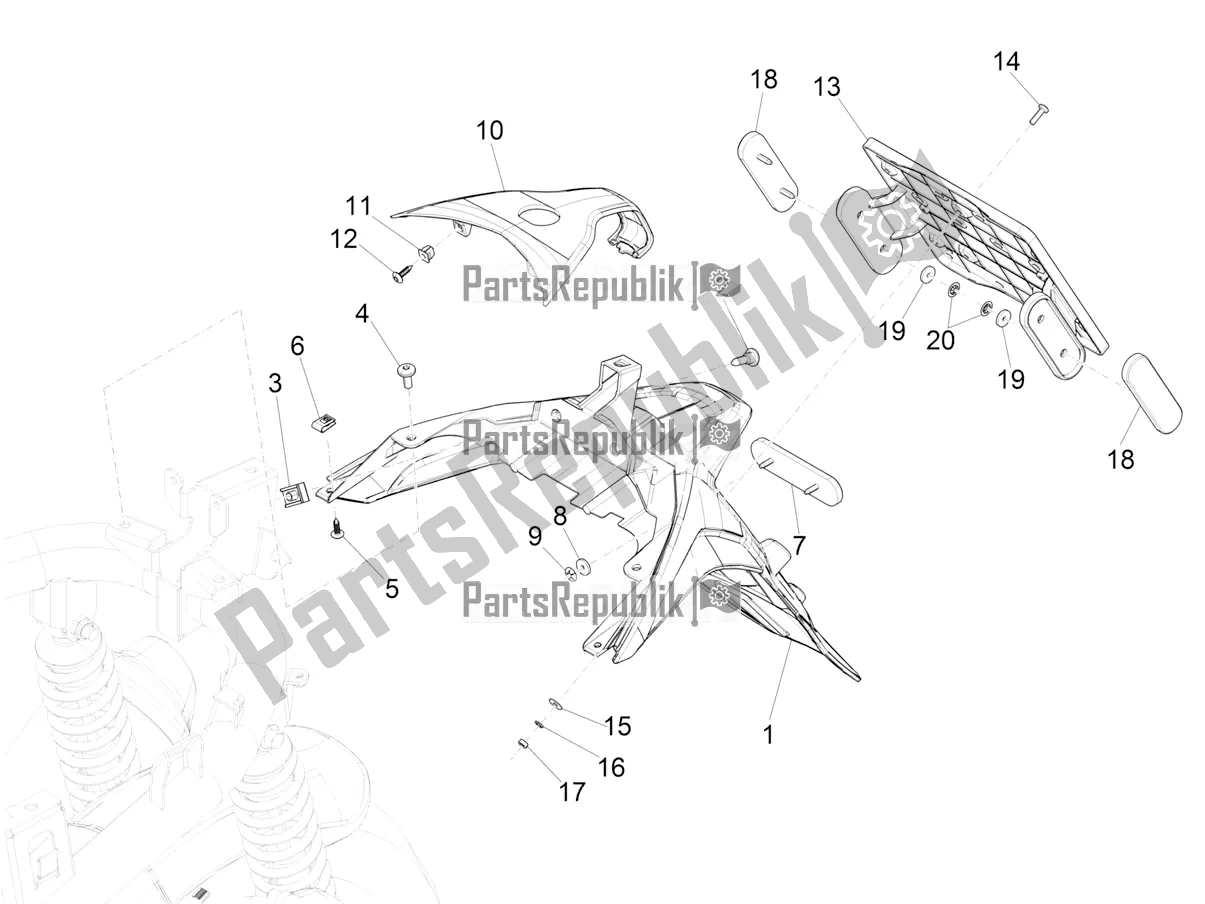 Tutte le parti per il Coperchio Posteriore - Paraspruzzi del Piaggio Medley 150 IE ABS E3, E4 Apac 2020