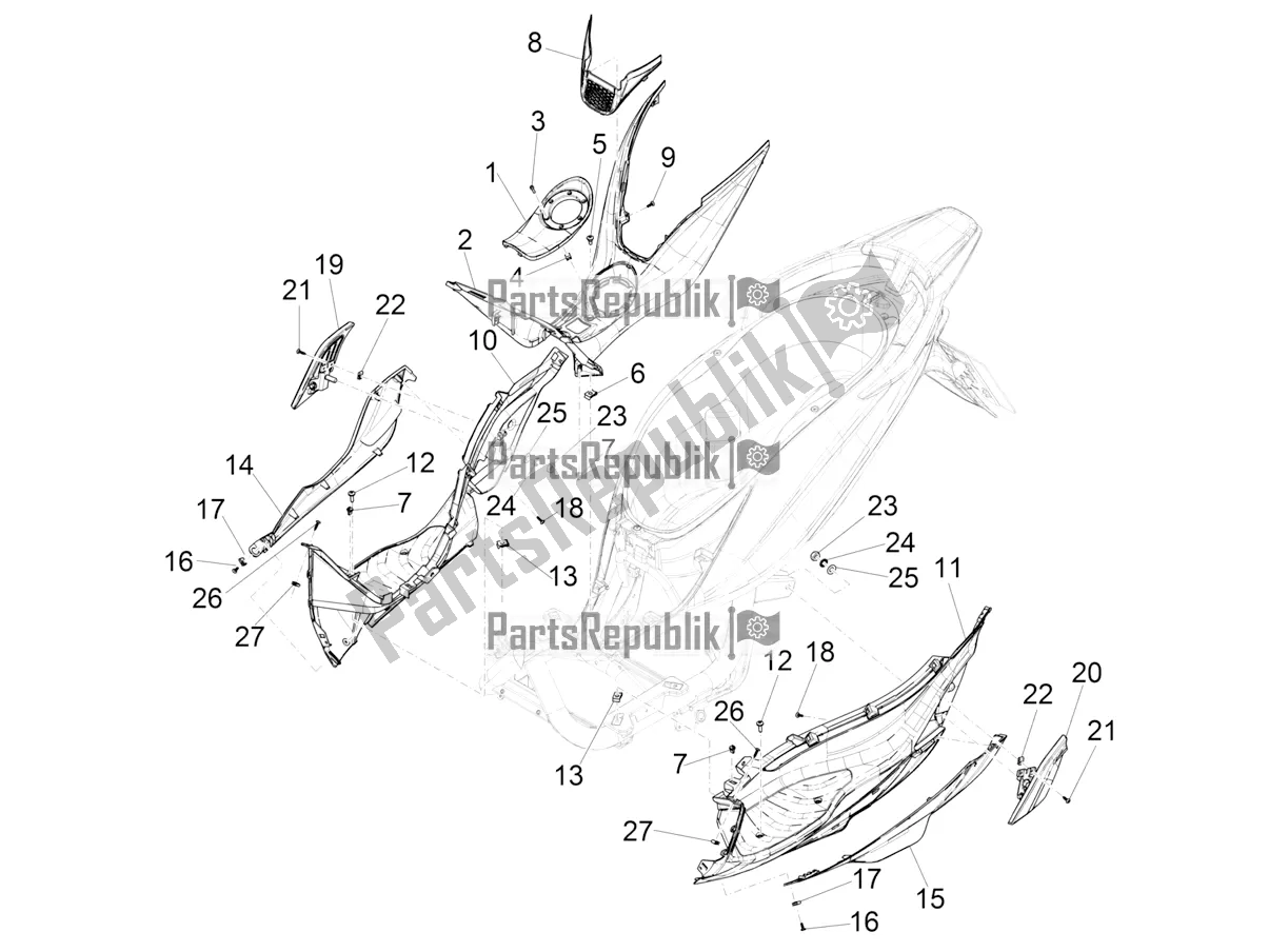 Todas as partes de Tampa Central - Apoios Para Os Pés do Piaggio Medley 150 IE ABS E3, E4 Apac 2021