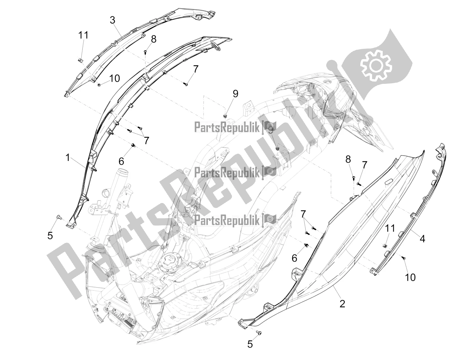 Toutes les pièces pour le Couvercle Latéral - Spoiler du Piaggio Medley 150 IE ABS E3, E4 Apac 2021