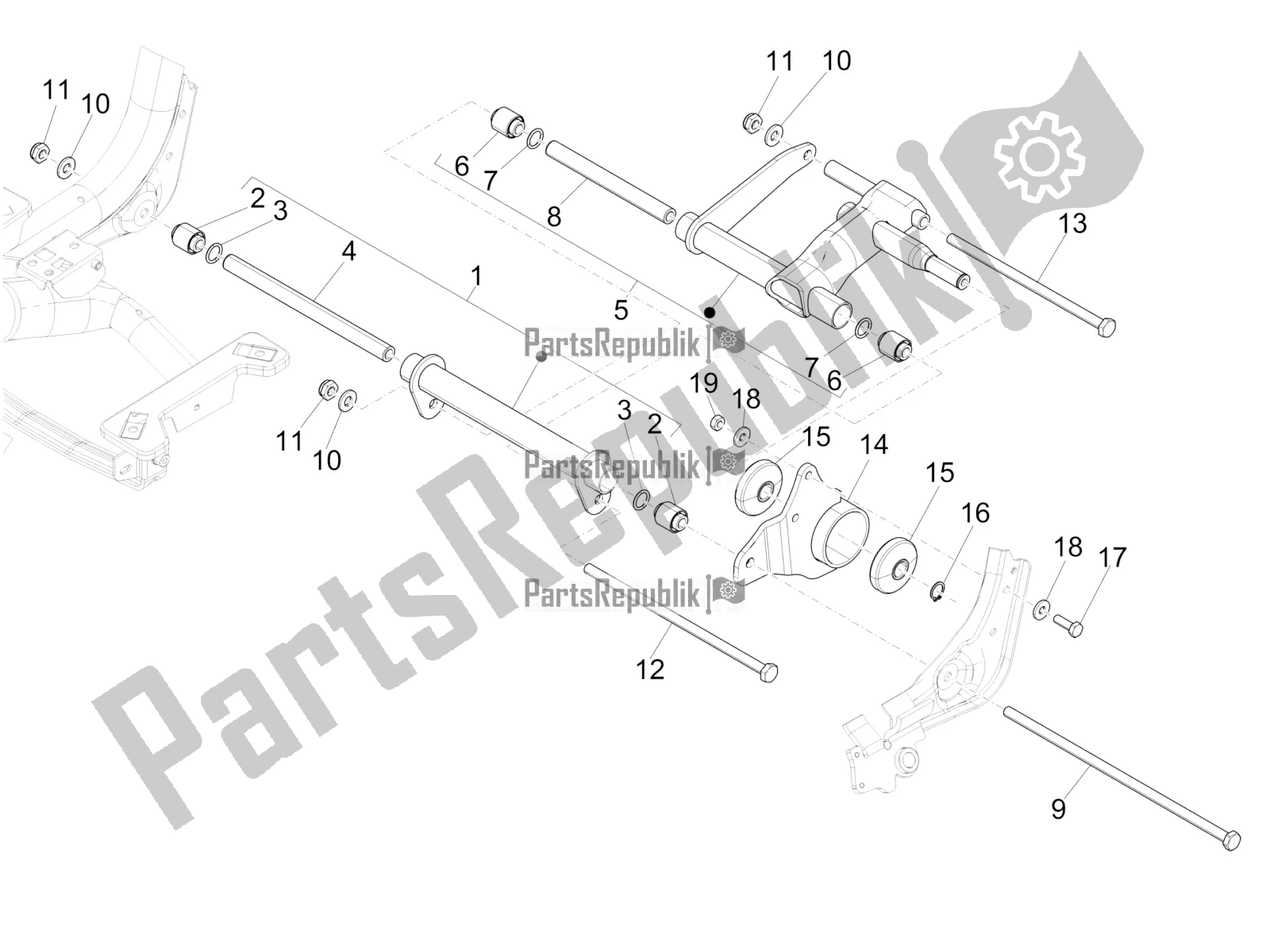 Alle onderdelen voor de Zwaaiende Arm van de Piaggio Medley 150 IE ABS E3, E4 Apac 2021