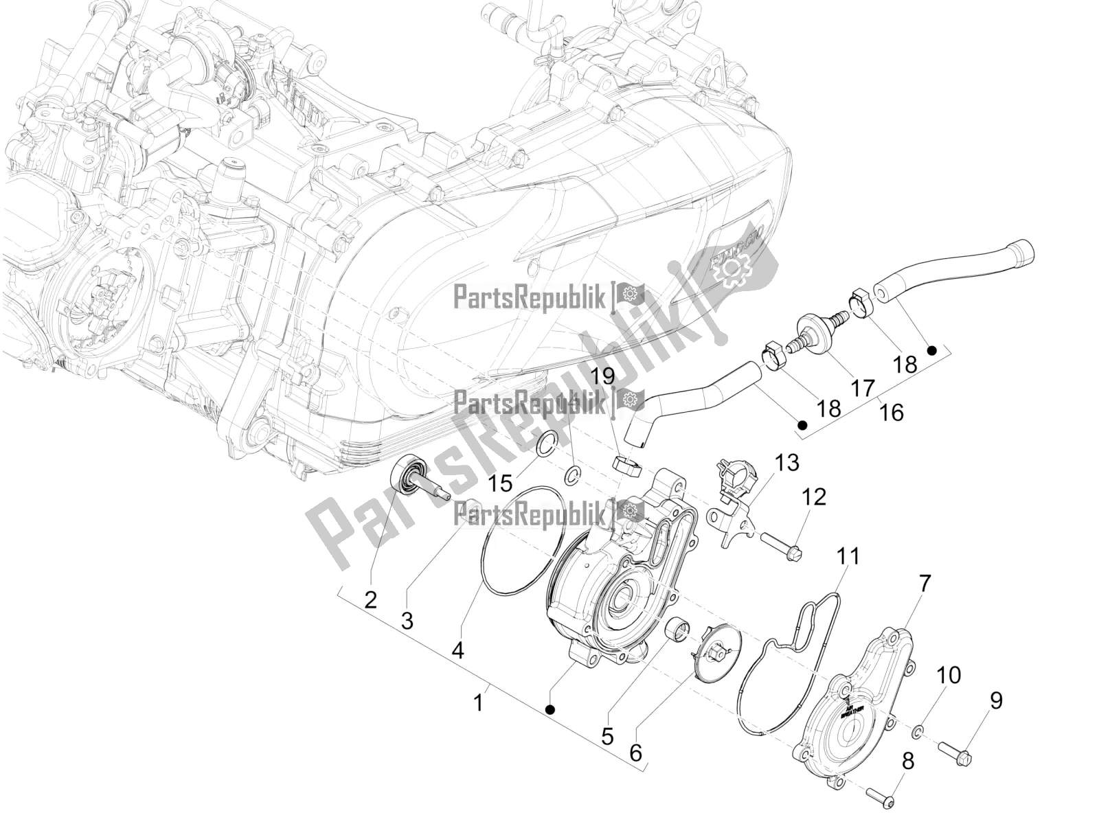 All parts for the Cooler Pump of the Piaggio Medley 150 IE ABS E4 RP8 MB 0200 2021