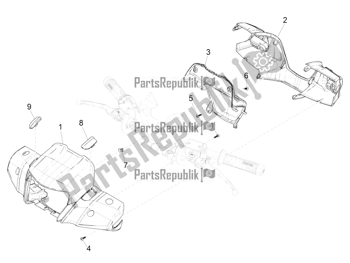 All parts for the Handlebars Coverages of the Piaggio Medley 150 IE ABS E4 RP8 MB 0200 2021