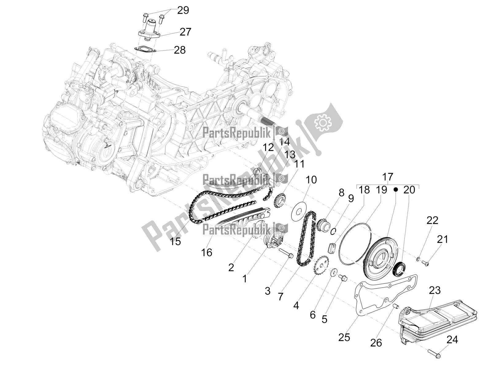 Alle onderdelen voor de Oliepomp van de Piaggio Medley 150 IE ABS E4 RP8 MB 0200 2021