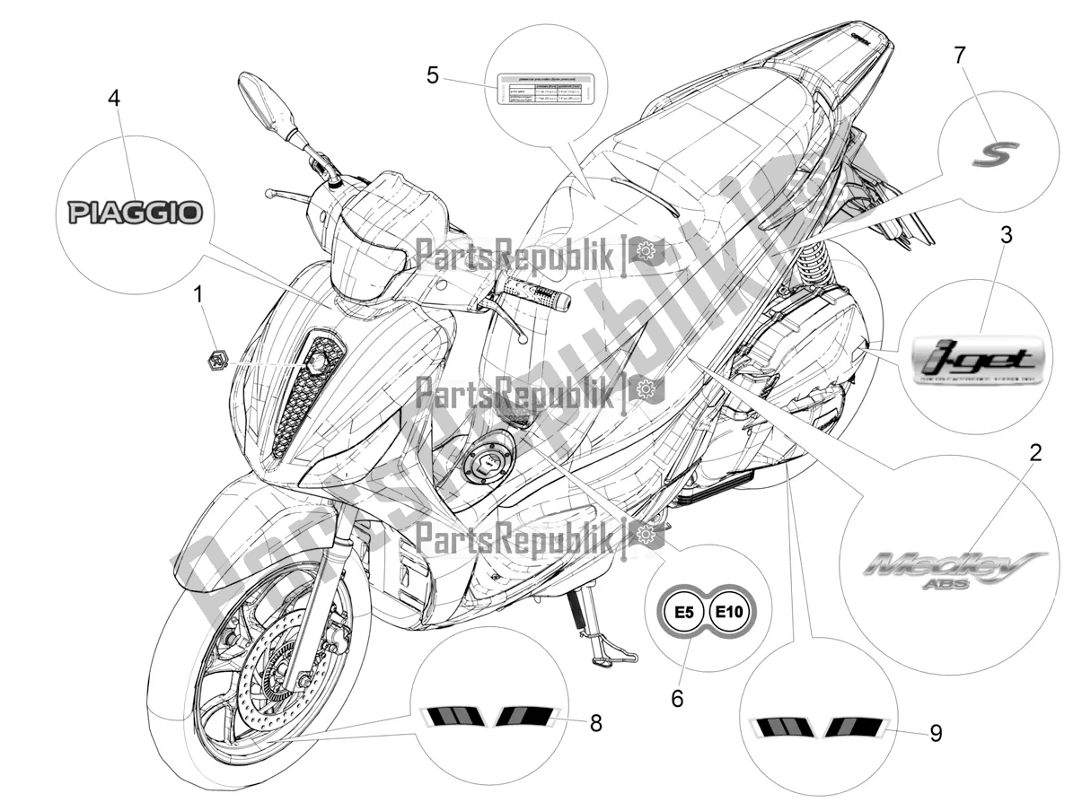 Toutes les pièces pour le Plaques - Emblèmes du Piaggio Medley 150 IE ABS E4 RP8 MB 0200 2021