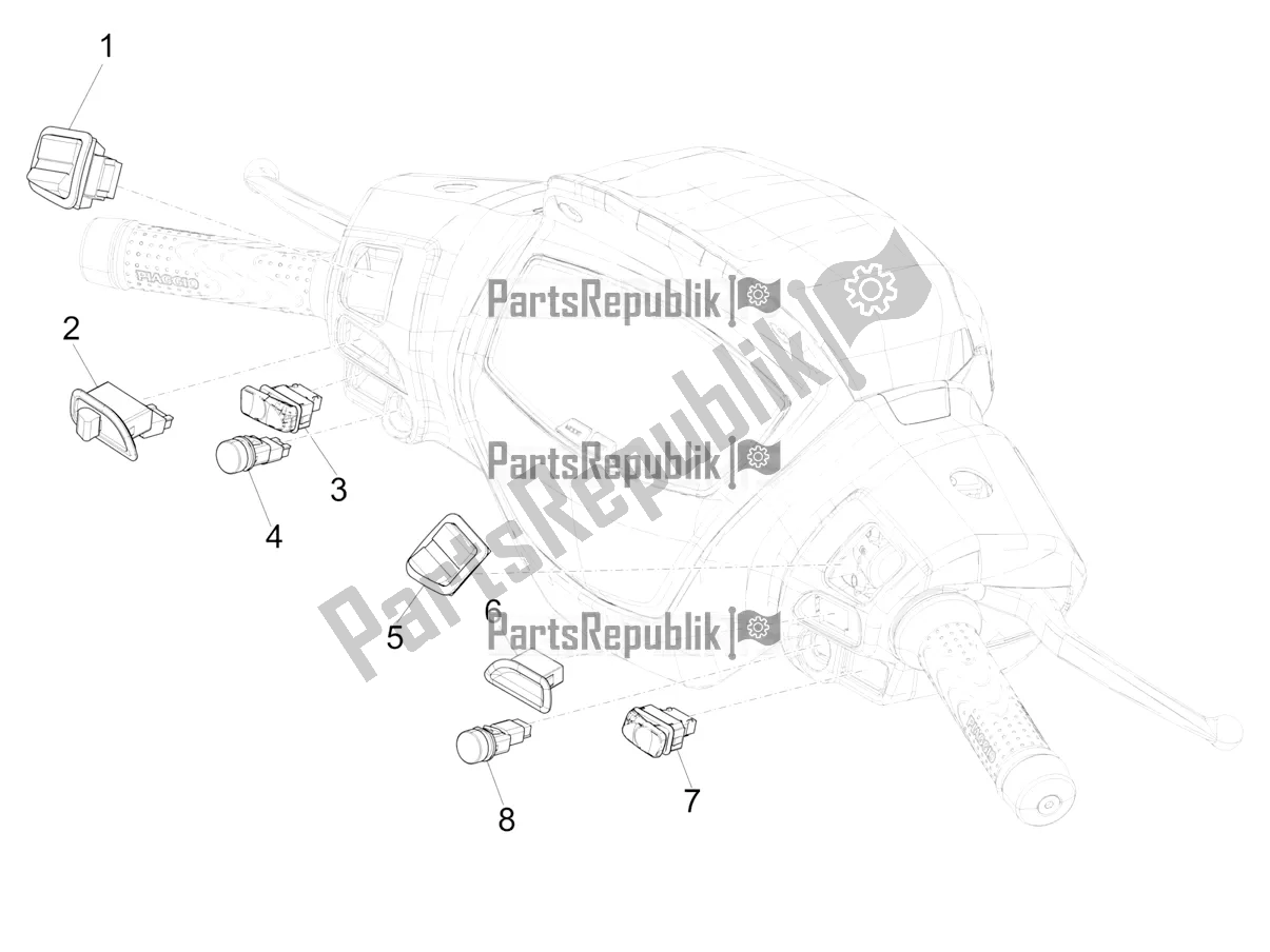 Todas as partes de Seletores - Interruptores - Botões do Piaggio Medley 150 IE ABS E4 RP8 MB 0200 2021