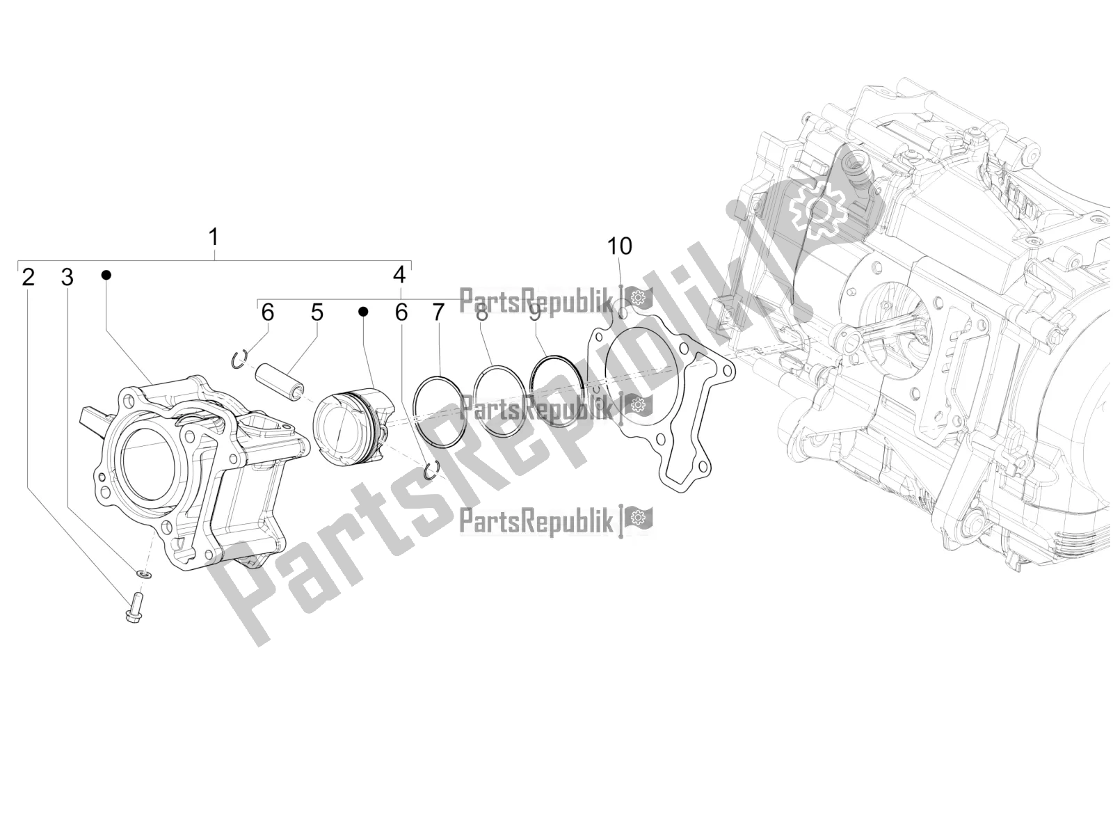 All parts for the Cylinder-piston-wrist Pin Unit of the Piaggio Medley 150 IE ABS E4 RP8 MB 0200 2022