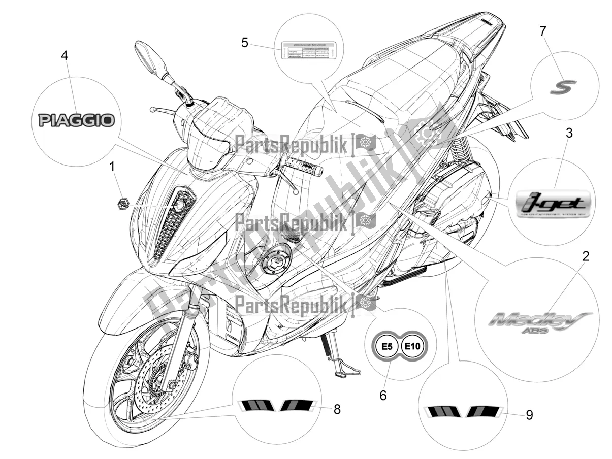 Todas as partes de Placas - Emblemas do Piaggio Medley 150 IE ABS E4 RP8 MB 0200 2022