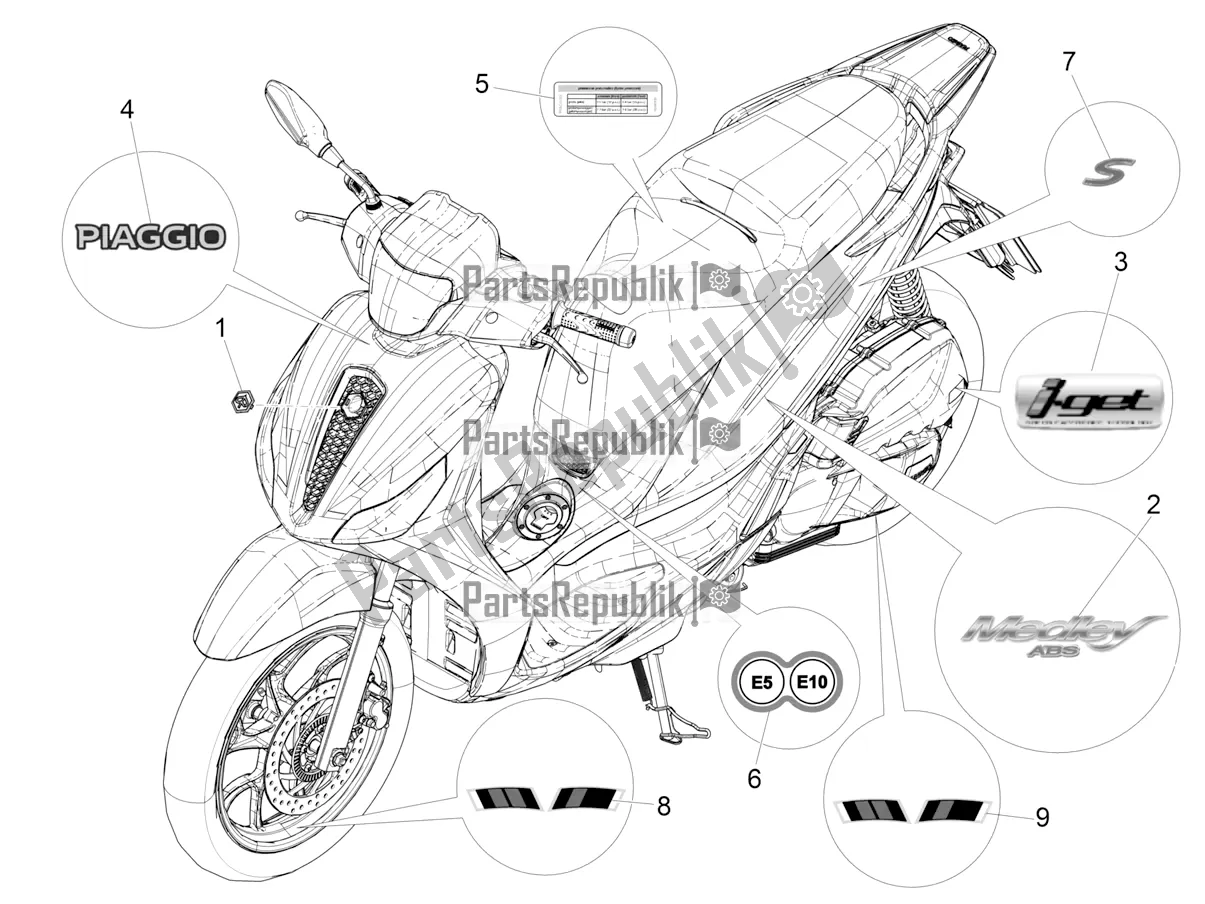 Tutte le parti per il Piatti - Emblemi del Piaggio Medley 150 IE ABS E5 Apac 2022