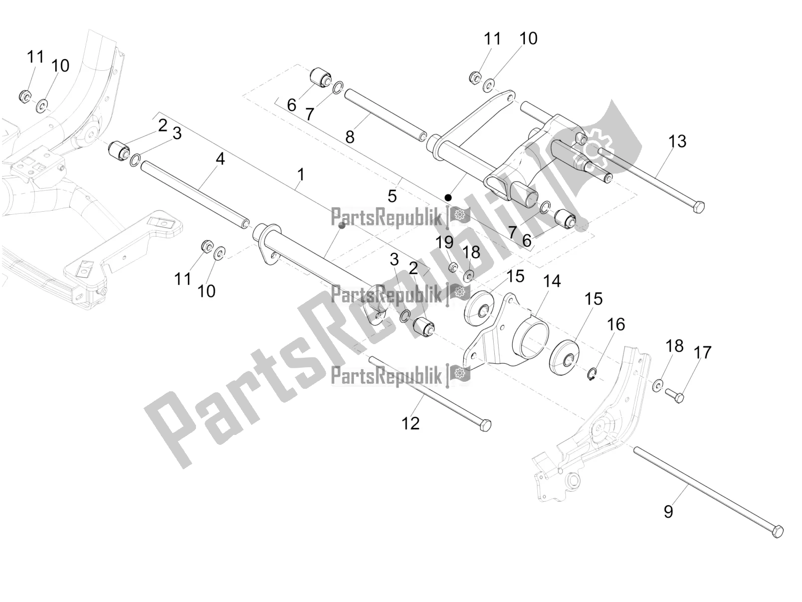 All parts for the Swinging Arm of the Piaggio Medley 150 IE ABS E5 Apac 2022