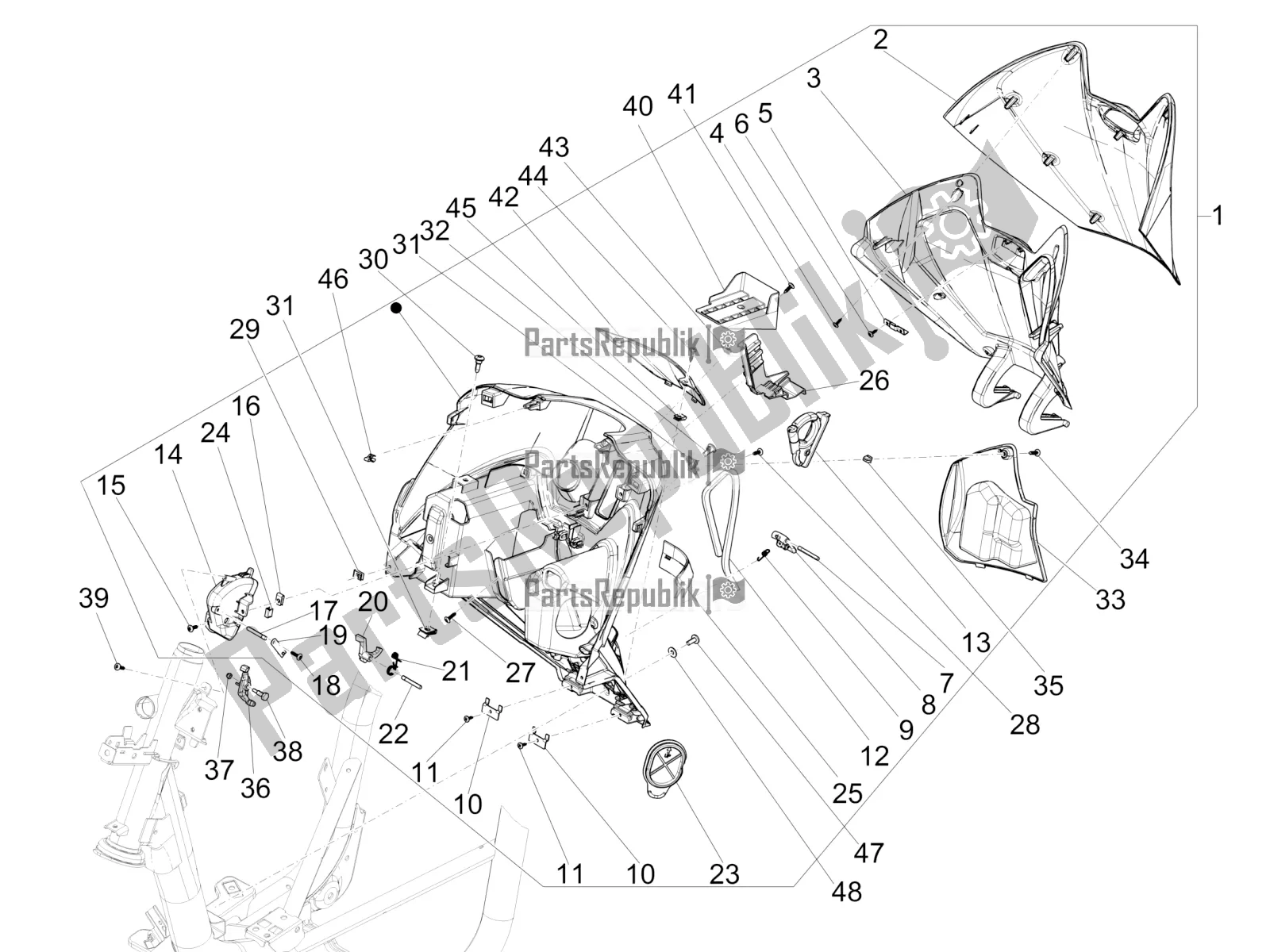 Tutte le parti per il Vano Portaoggetti Anteriore - Pannello Di Protezione Per Le Ginocchia del Piaggio Medley 150 IE ABS RP8 MB 0200 2020