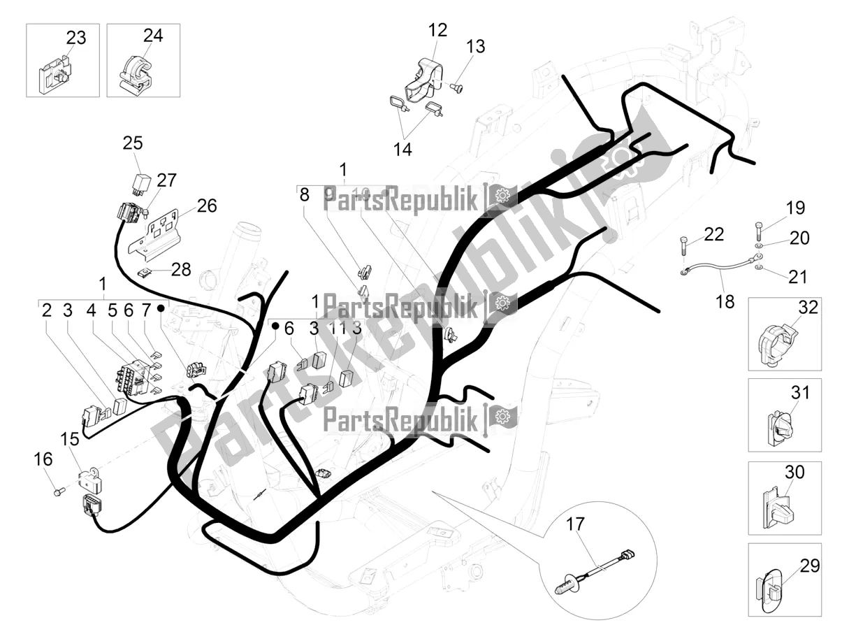 Alle onderdelen voor de Hoofdkabelboom van de Piaggio Medley 150 IE ABS RP8 MB 0200 2020