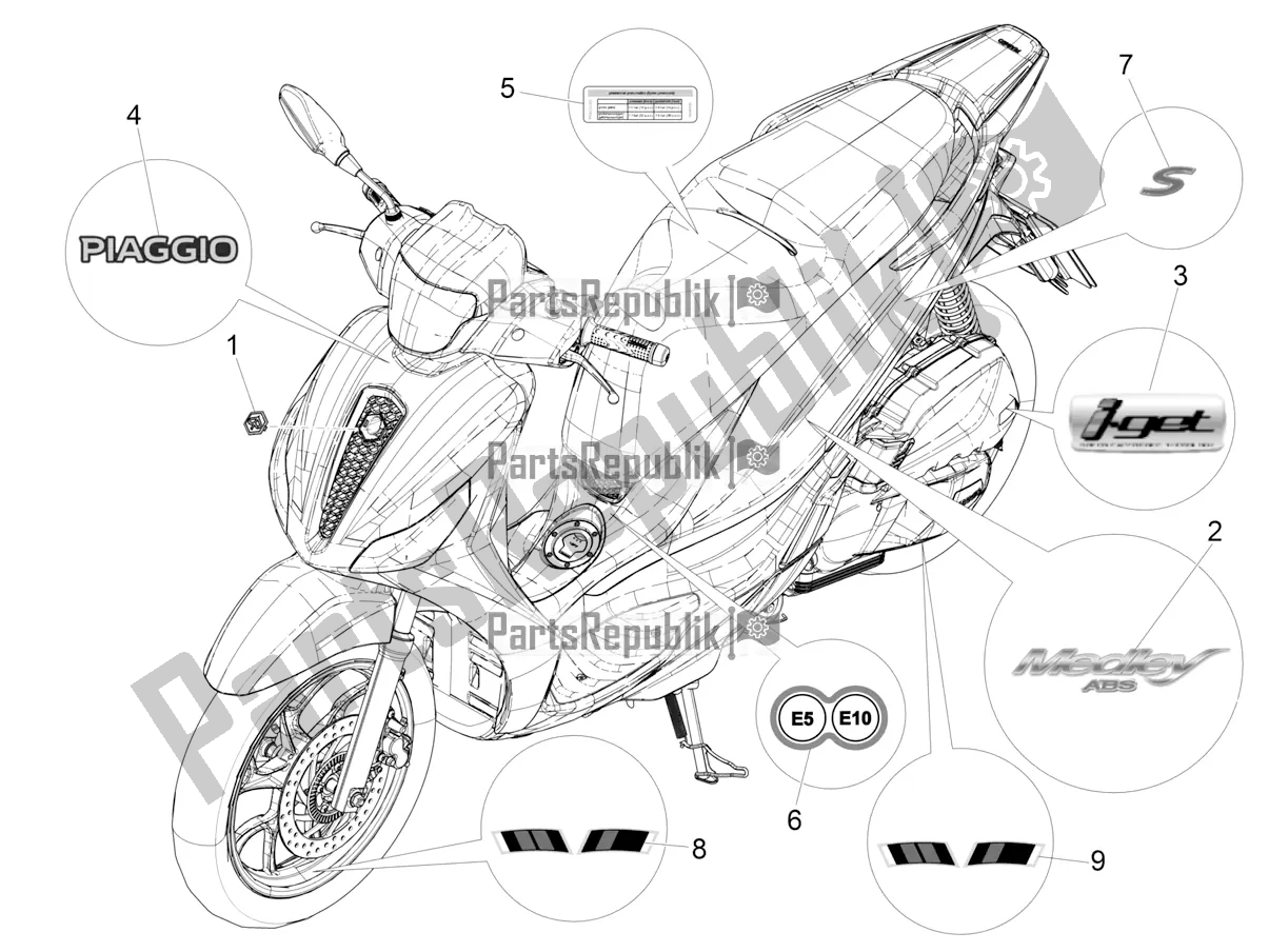 All parts for the Plates - Emblems of the Piaggio Medley 150 IE ABS RP8 MB 0200 2020