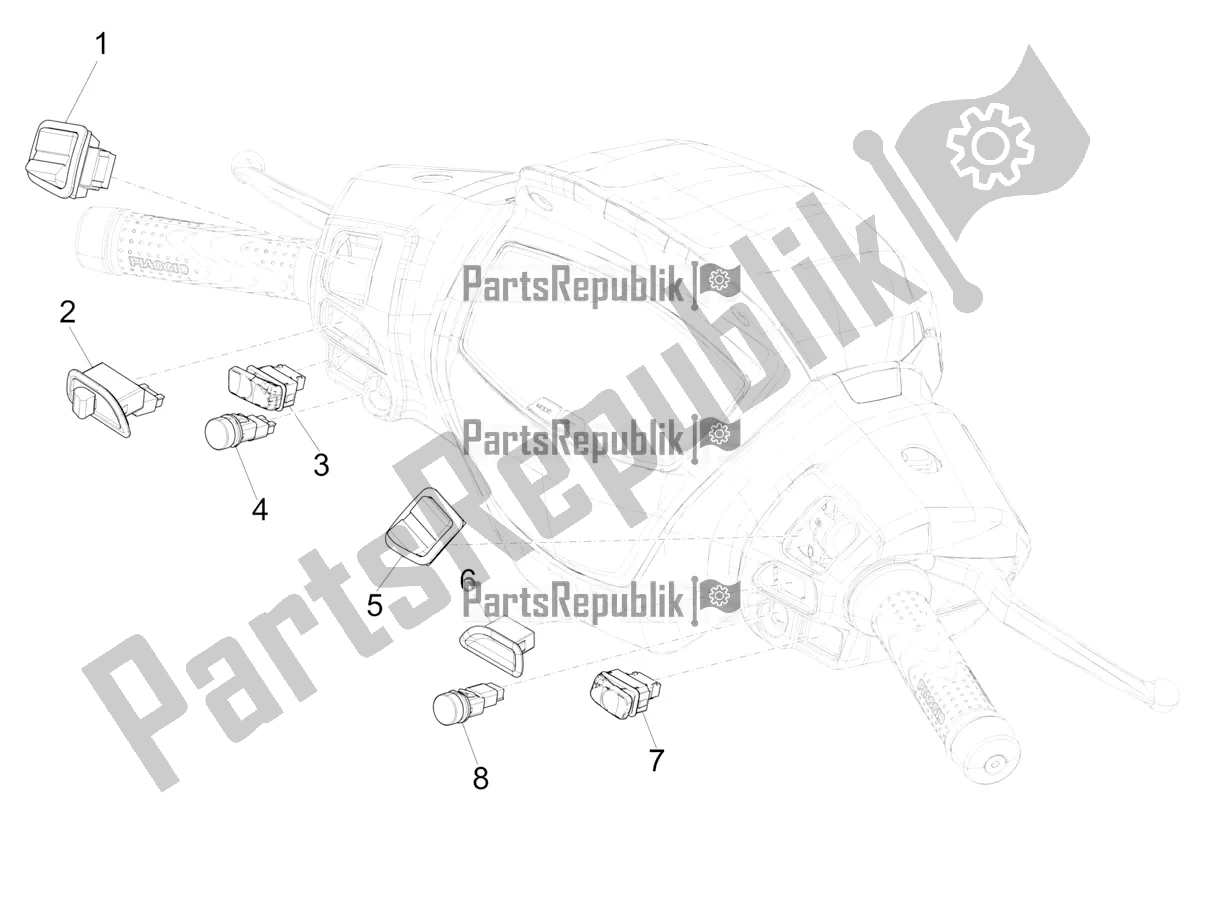 Todas as partes de Seletores - Interruptores - Botões do Piaggio Medley 150 IE ABS RP8 MB 0200 2020