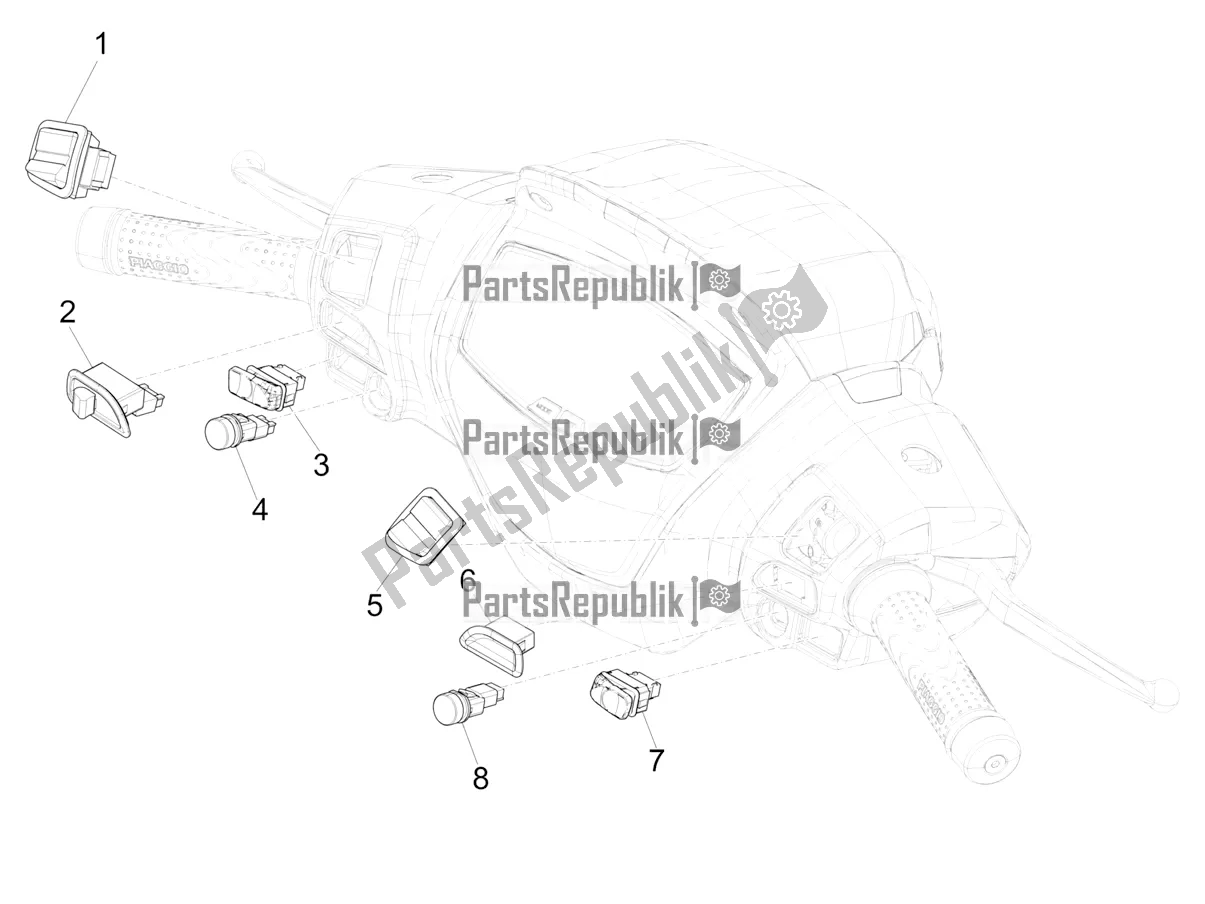 Todas as partes de Seletores - Interruptores - Botões do Piaggio Medley 150 IE ABS RP8 MB 0200 2020