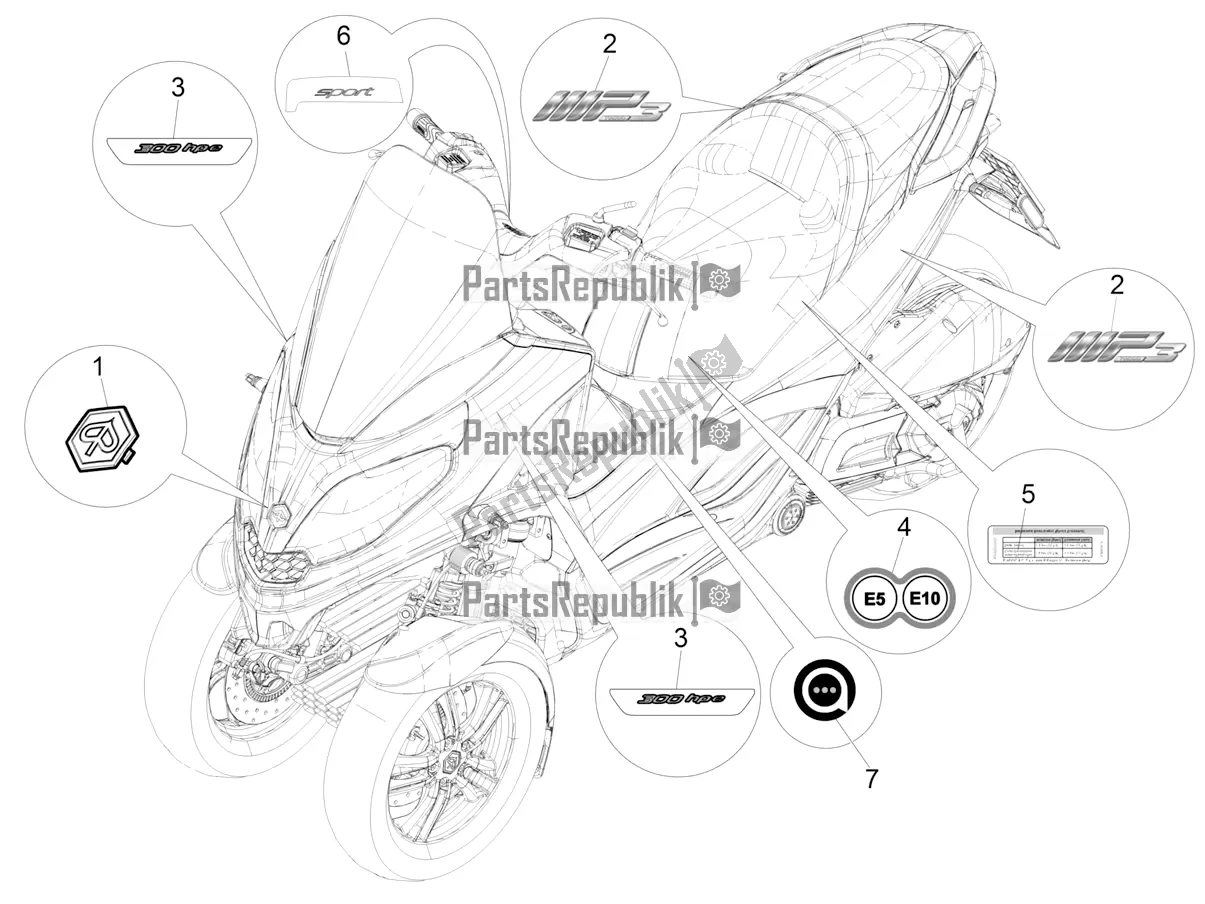 Toutes les pièces pour le Plaques - Emblèmes du Piaggio MP3 300 HPE / Sport 2019