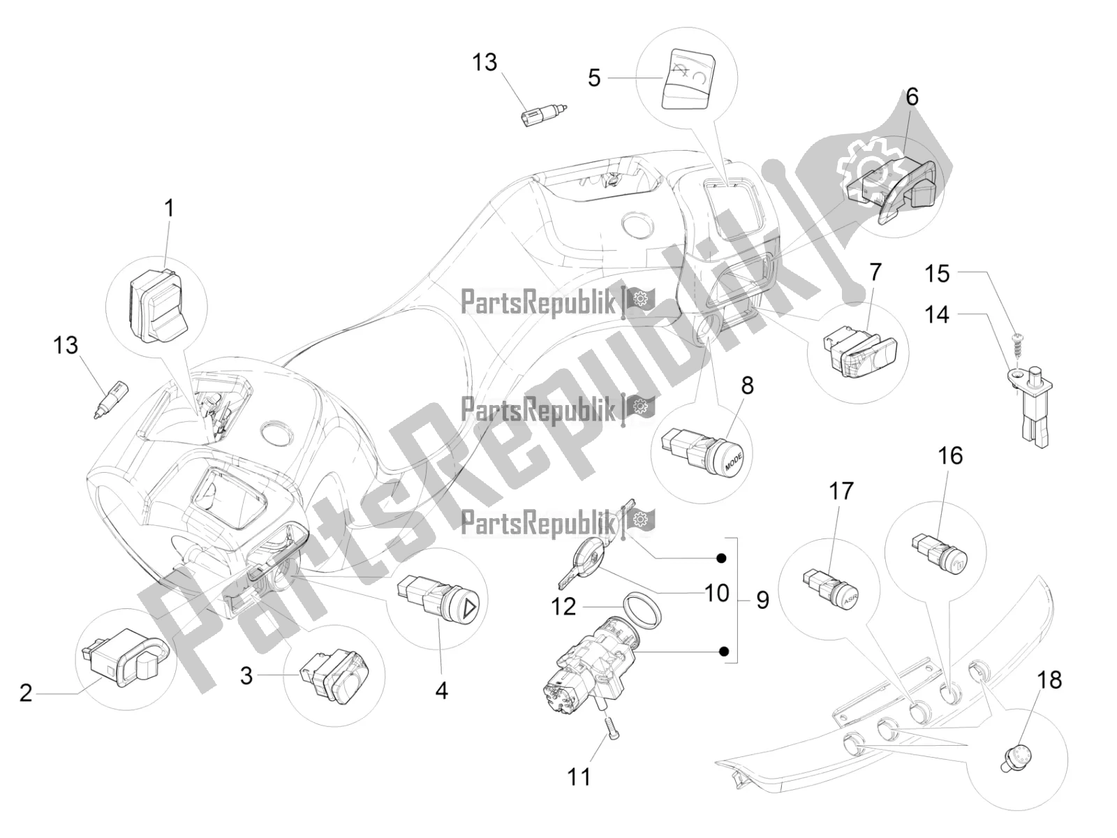 Toutes les pièces pour le Sélecteurs - Interrupteurs - Boutons du Piaggio MP3 300 IE Business-Sport-Enjoy 2016