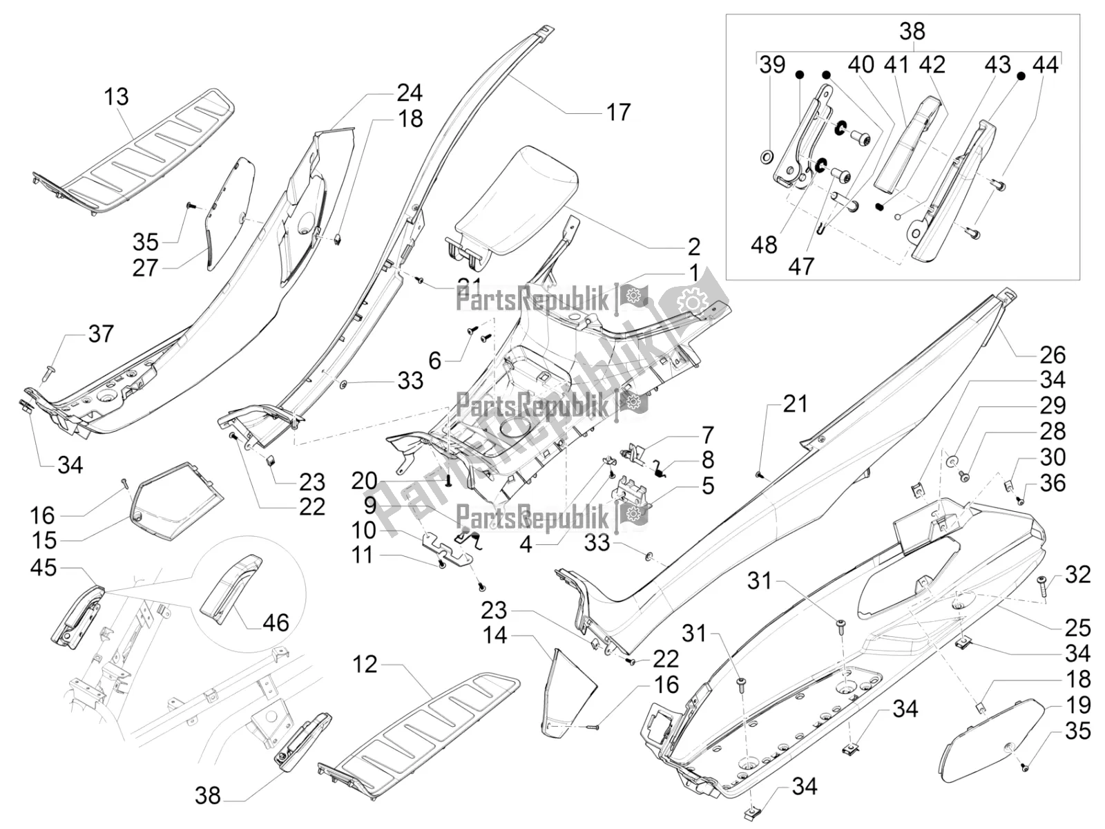 Toutes les pièces pour le Housse Centrale - Repose-pieds du Piaggio MP3 300 IE LT Business-Sport 2016