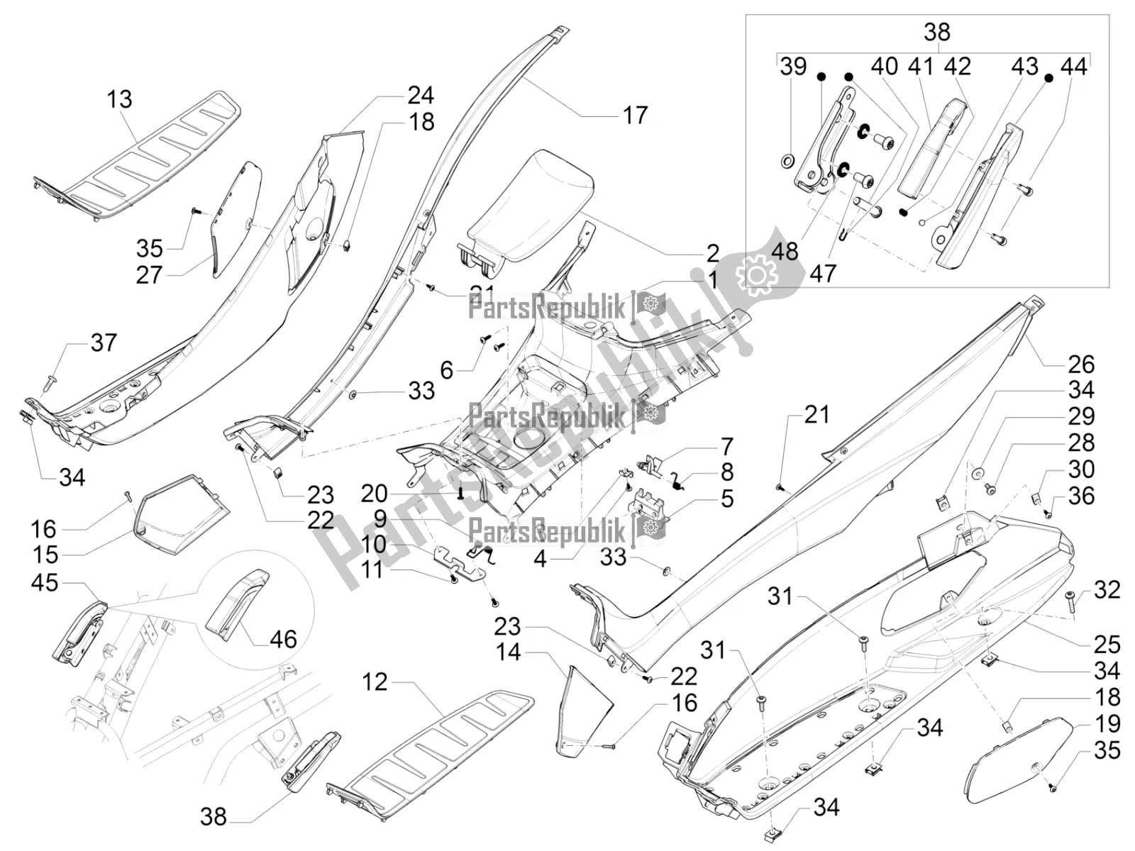 All parts for the Central Cover - Footrests of the Piaggio MP3 300 IE LT Business-Sport 2017