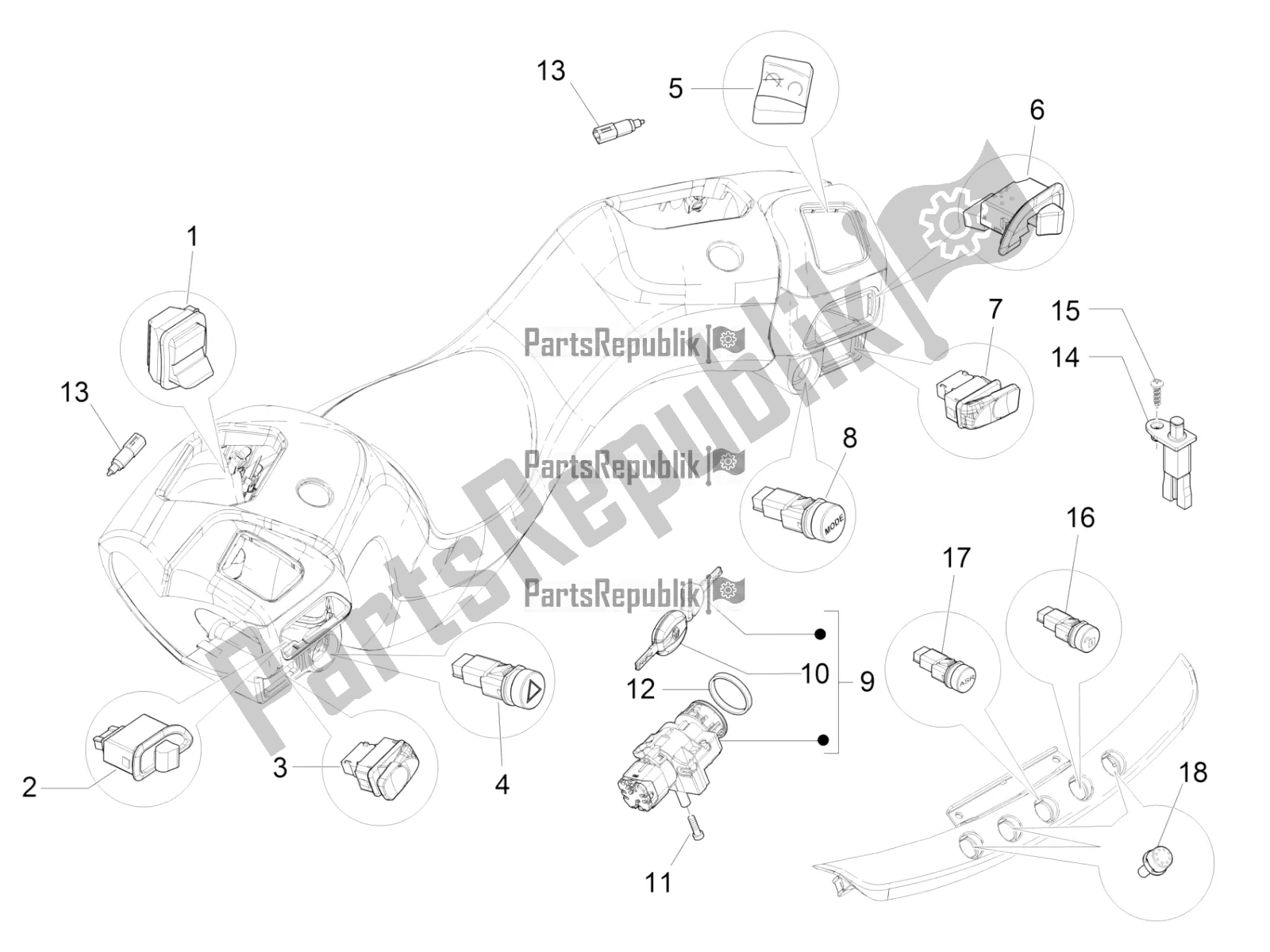 Toutes les pièces pour le Sélecteurs - Interrupteurs - Boutons du Piaggio MP3 350 Maxi Sport 2018