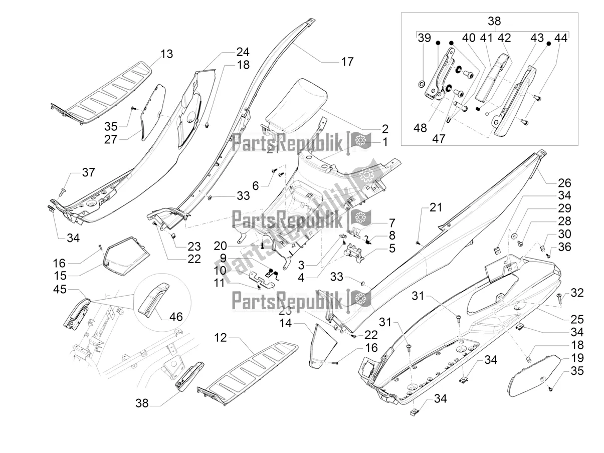 All parts for the Central Cover - Footrests of the Piaggio MP3 350 Maxi Sport 2019