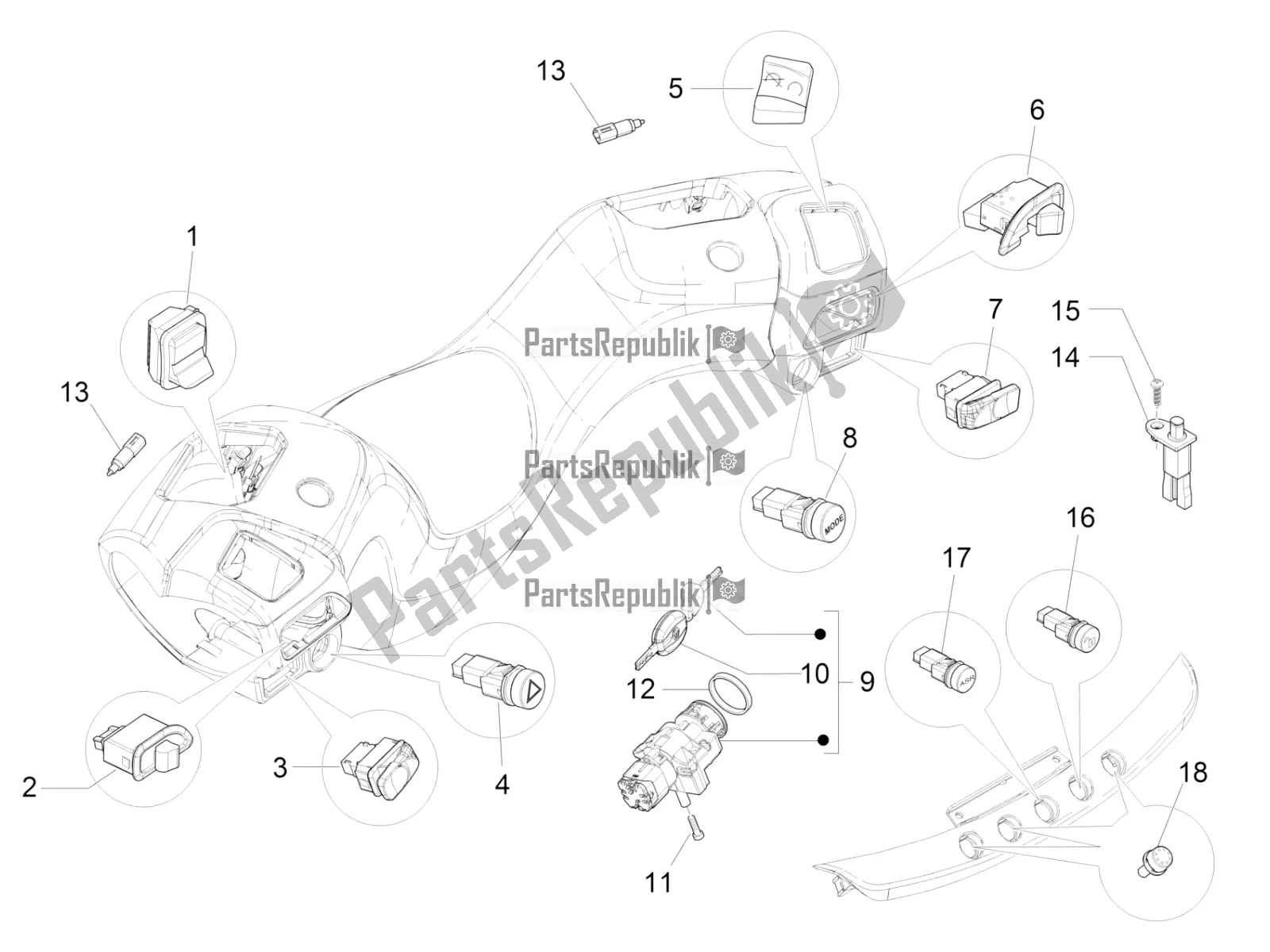 Toutes les pièces pour le Sélecteurs - Interrupteurs - Boutons du Piaggio MP3 350 Maxi Sport 2019