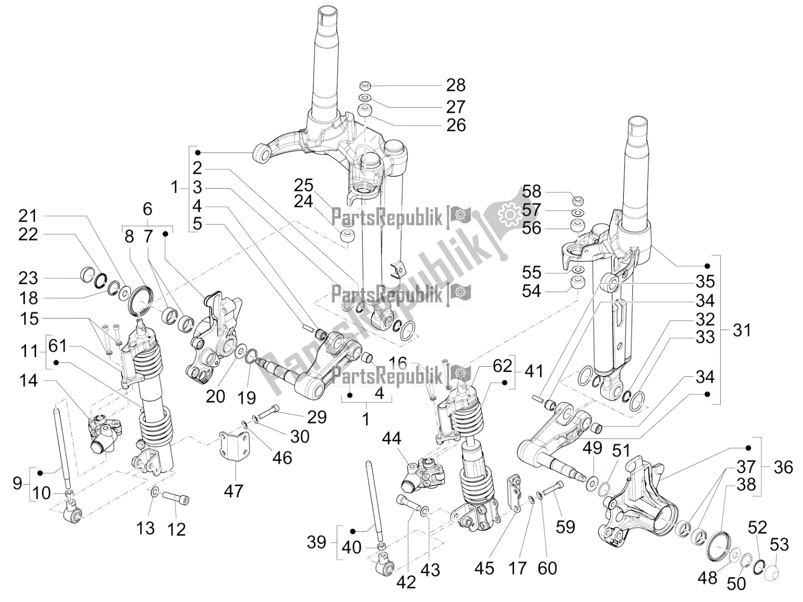 Alle onderdelen voor de Vorkcomponenten (mengen) van de Piaggio MP3 350 Maxi Sport 2021